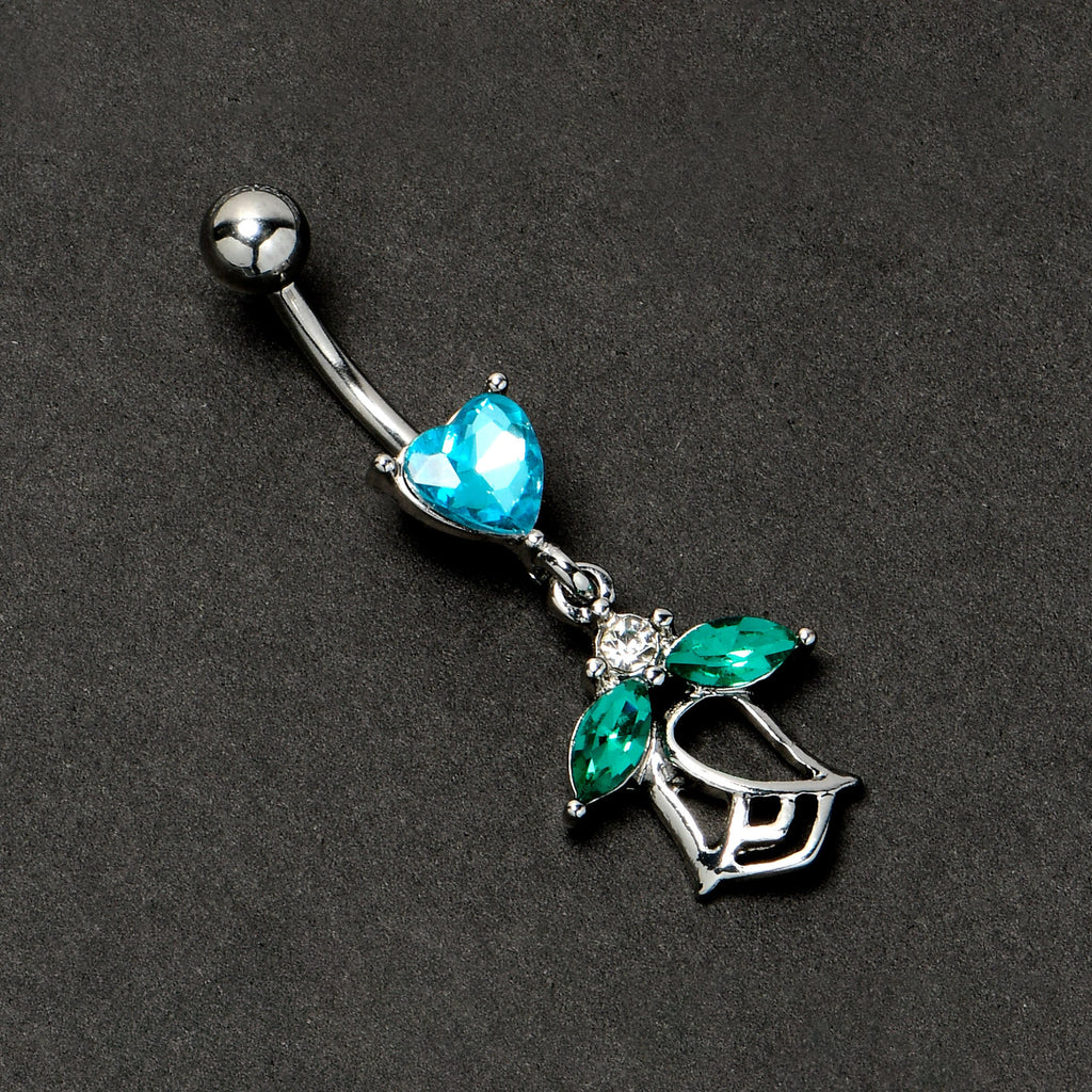 BodyCandy Blue CZ Gem Heart And Rose Dangle Belly Ring — side view