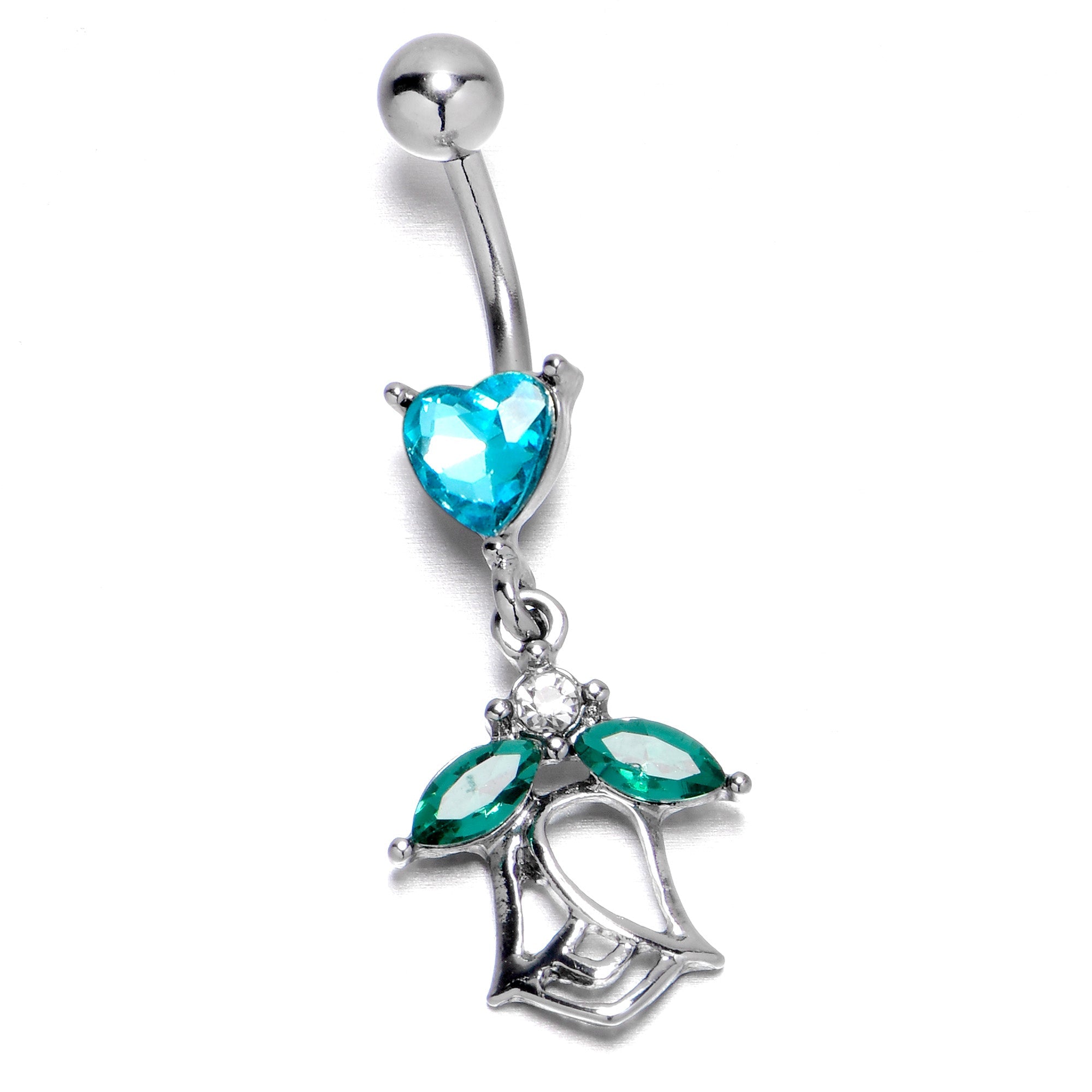 BodyCandy Blue CZ Gem Heart And Rose Dangle Belly Ring — back view