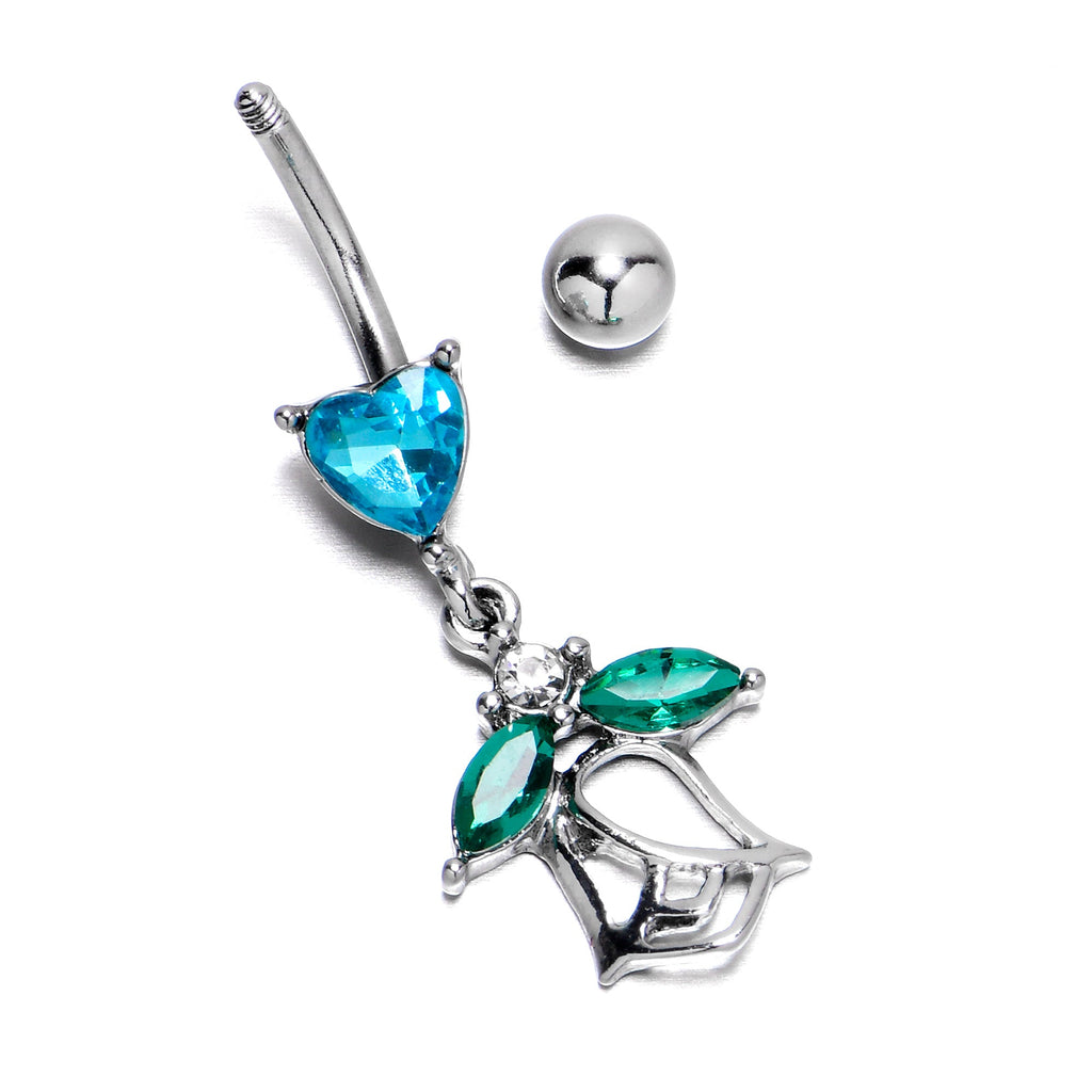 BodyCandy Blue CZ Gem Heart And Rose Dangle Belly Ring — alternative angle
