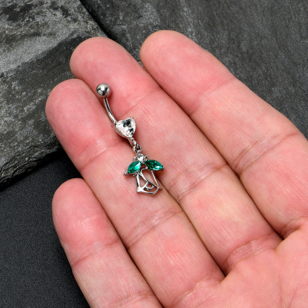 BodyCandy Clear CZ Gem Heart And Rose Dangle Belly Ring — detail close-up