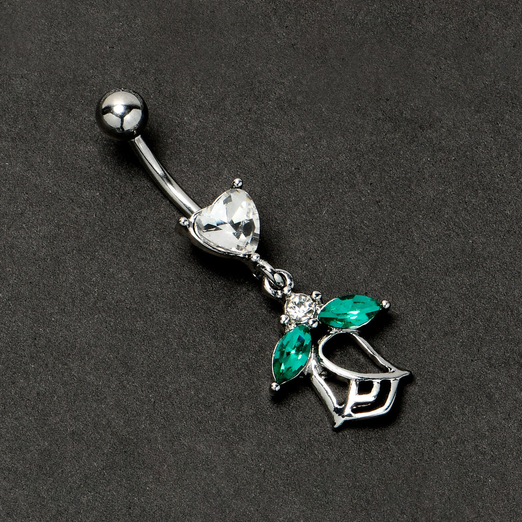 BodyCandy Clear CZ Gem Heart And Rose Dangle Belly Ring — side view