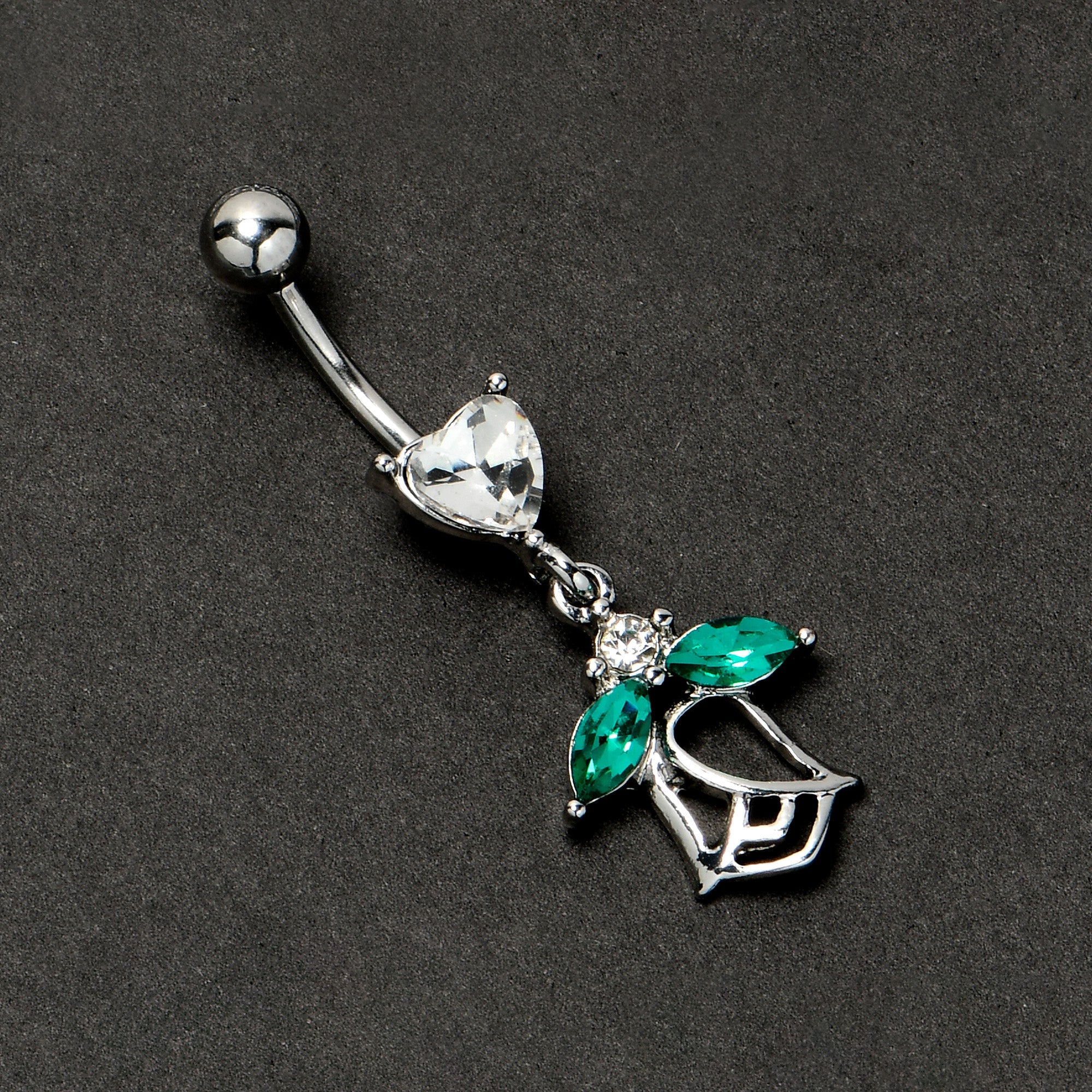 BodyCandy Clear CZ Gem Heart And Rose Dangle Belly Ring — side view