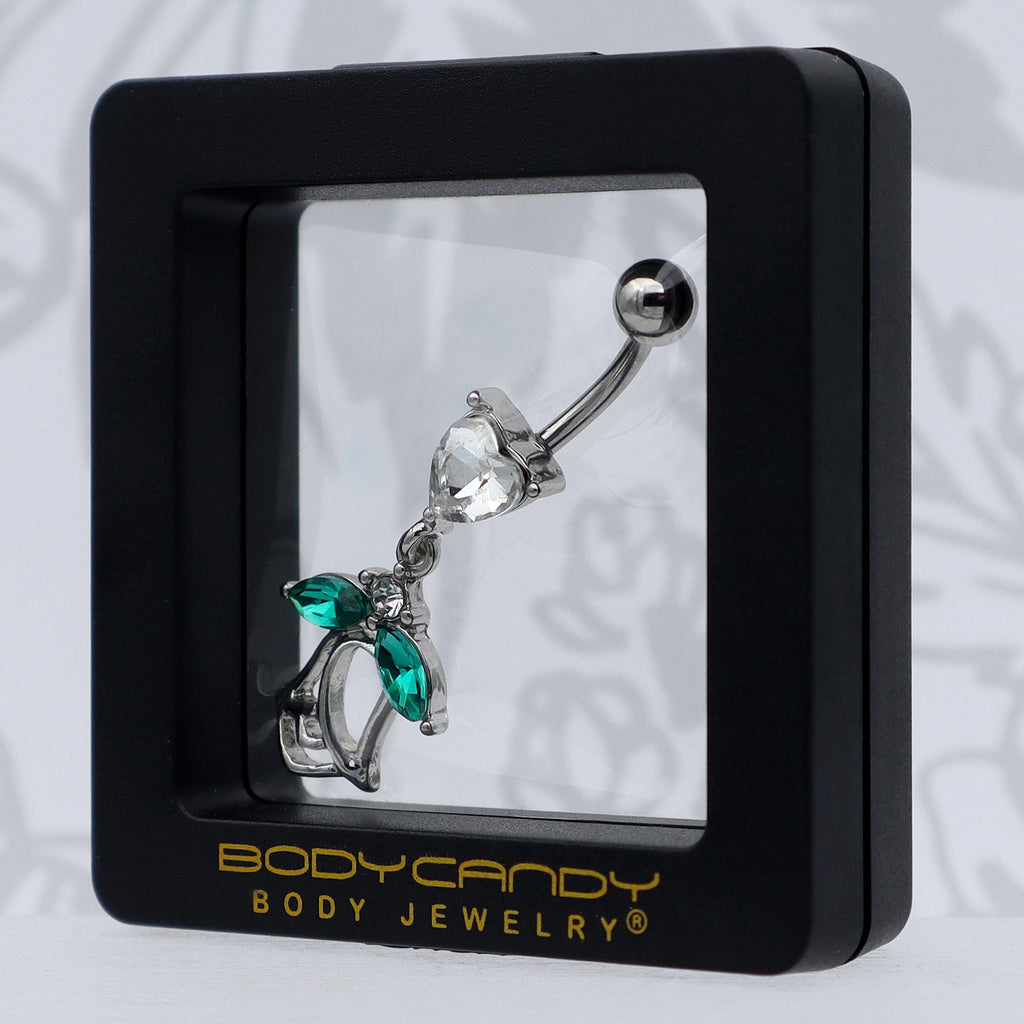 BodyCandy Clear CZ Gem Heart And Rose Dangle Belly Ring — in-use photo
