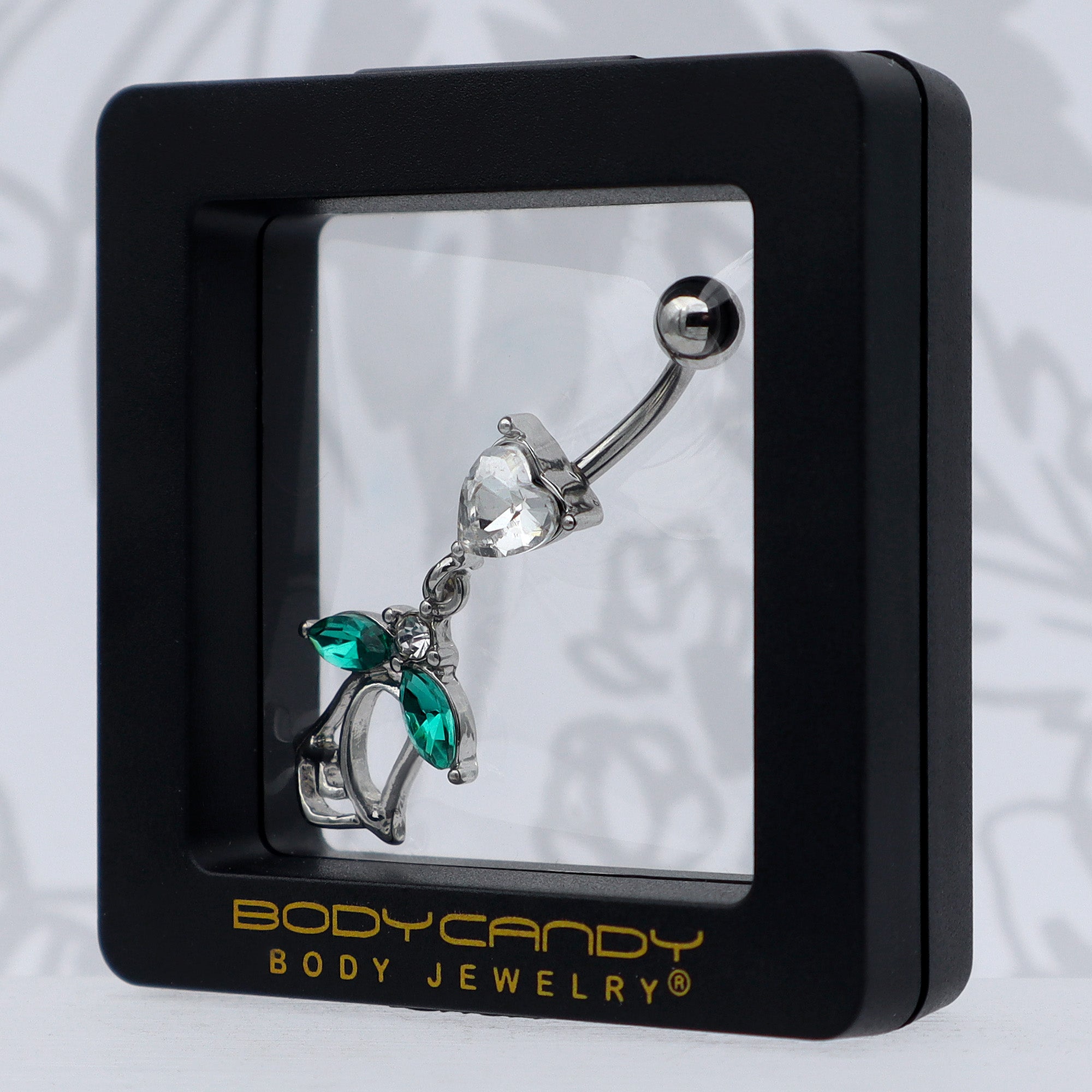 BodyCandy Clear CZ Gem Heart And Rose Dangle Belly Ring — in-use photo