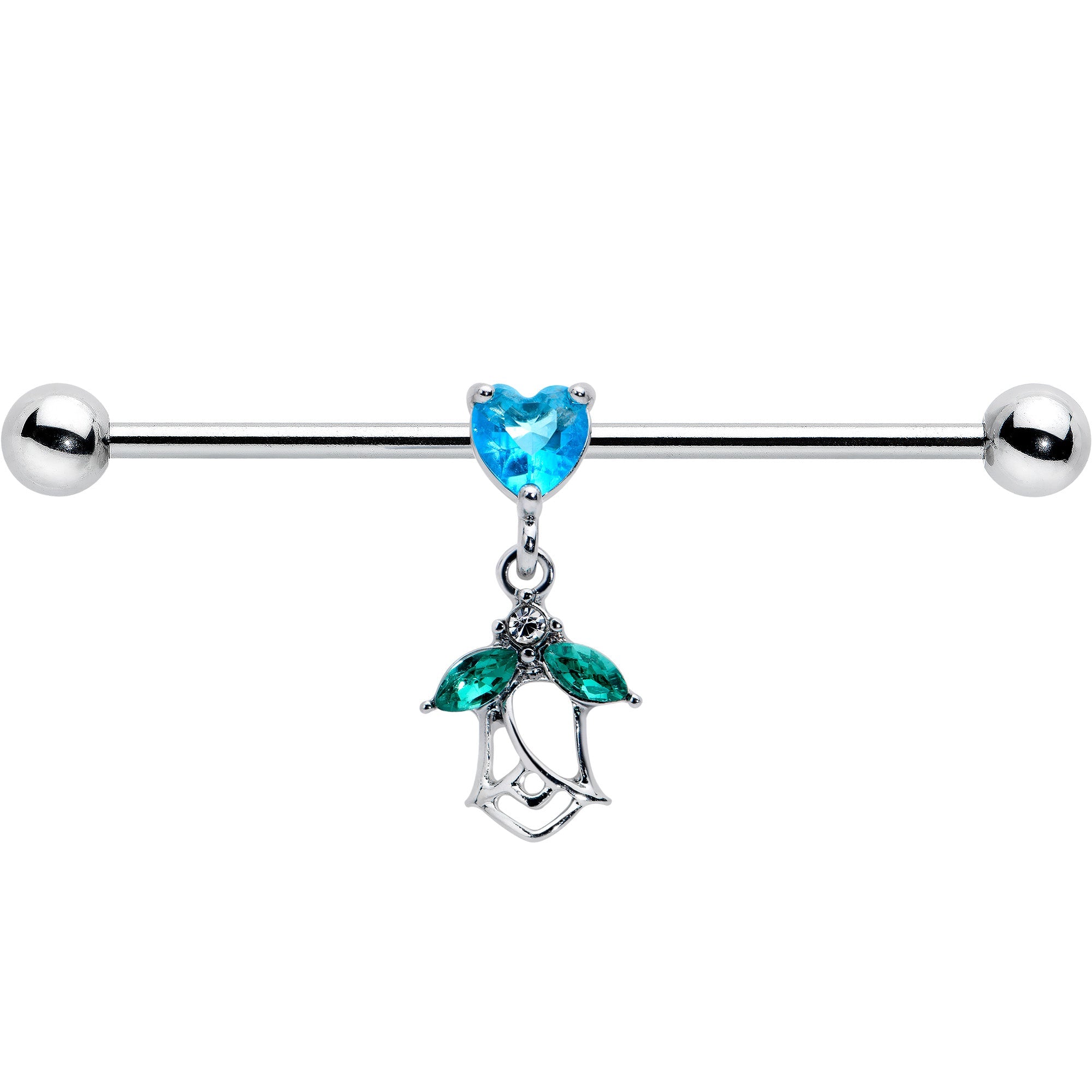 BodyCandy 14G Blue CZ Gem Heart And Rose Dangle Industrial Barbell 38mm — detail close-up