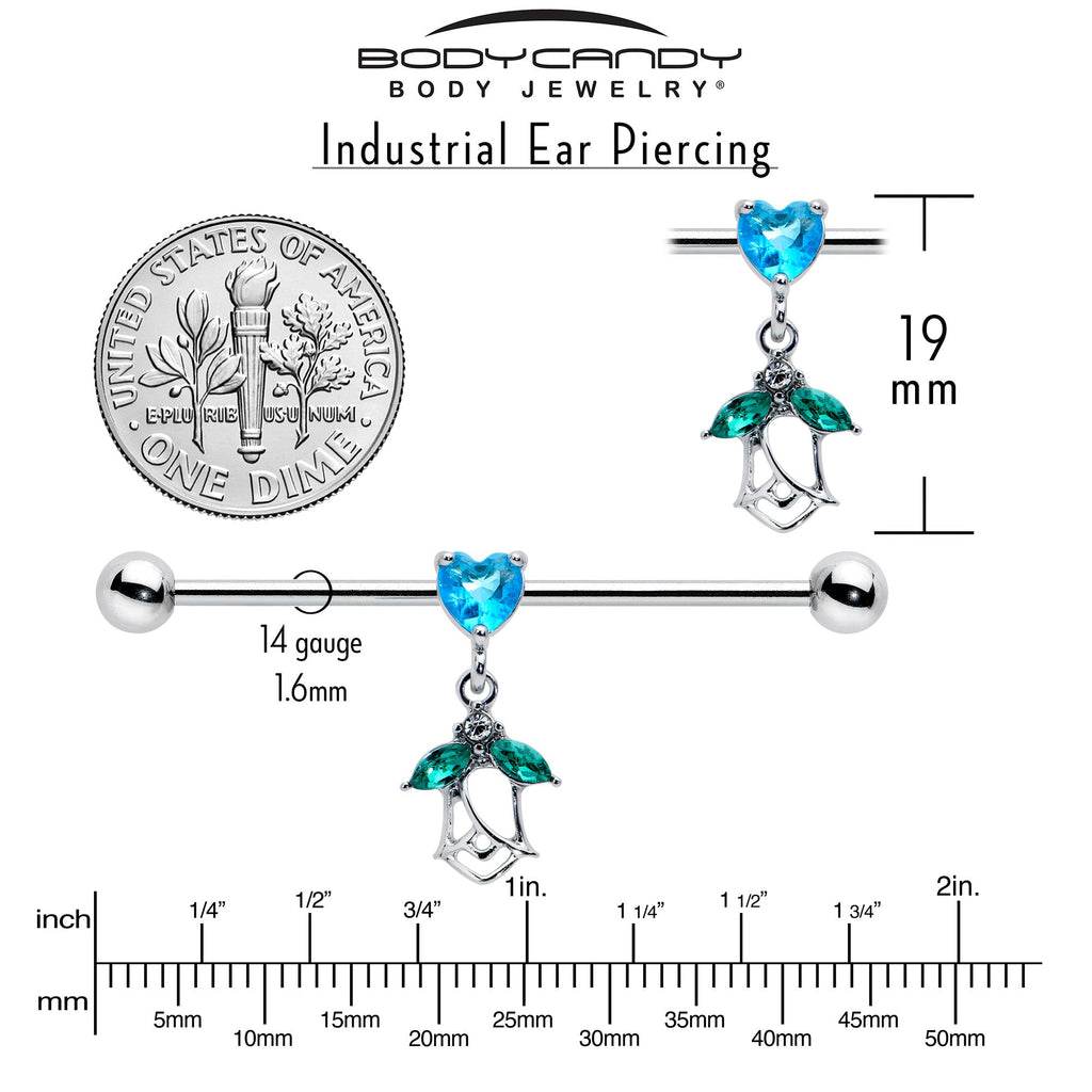BodyCandy 14G Blue CZ Gem Heart And Rose Dangle Industrial Barbell 38mm — side view