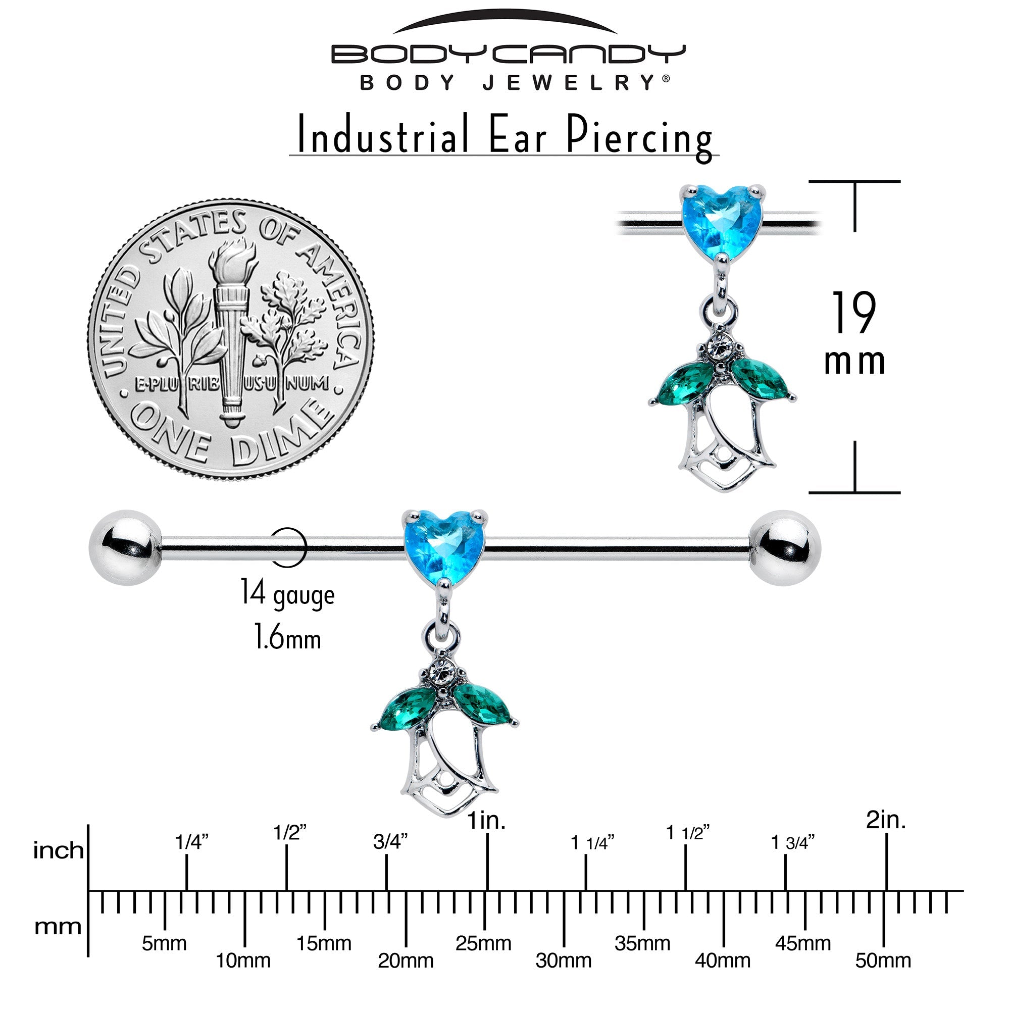BodyCandy 14G Blue CZ Gem Heart And Rose Dangle Industrial Barbell 38mm — side view