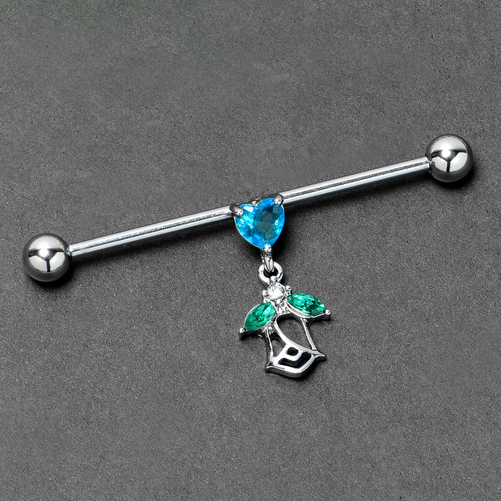 BodyCandy 14G Blue CZ Gem Heart And Rose Dangle Industrial Barbell 38mm — back view