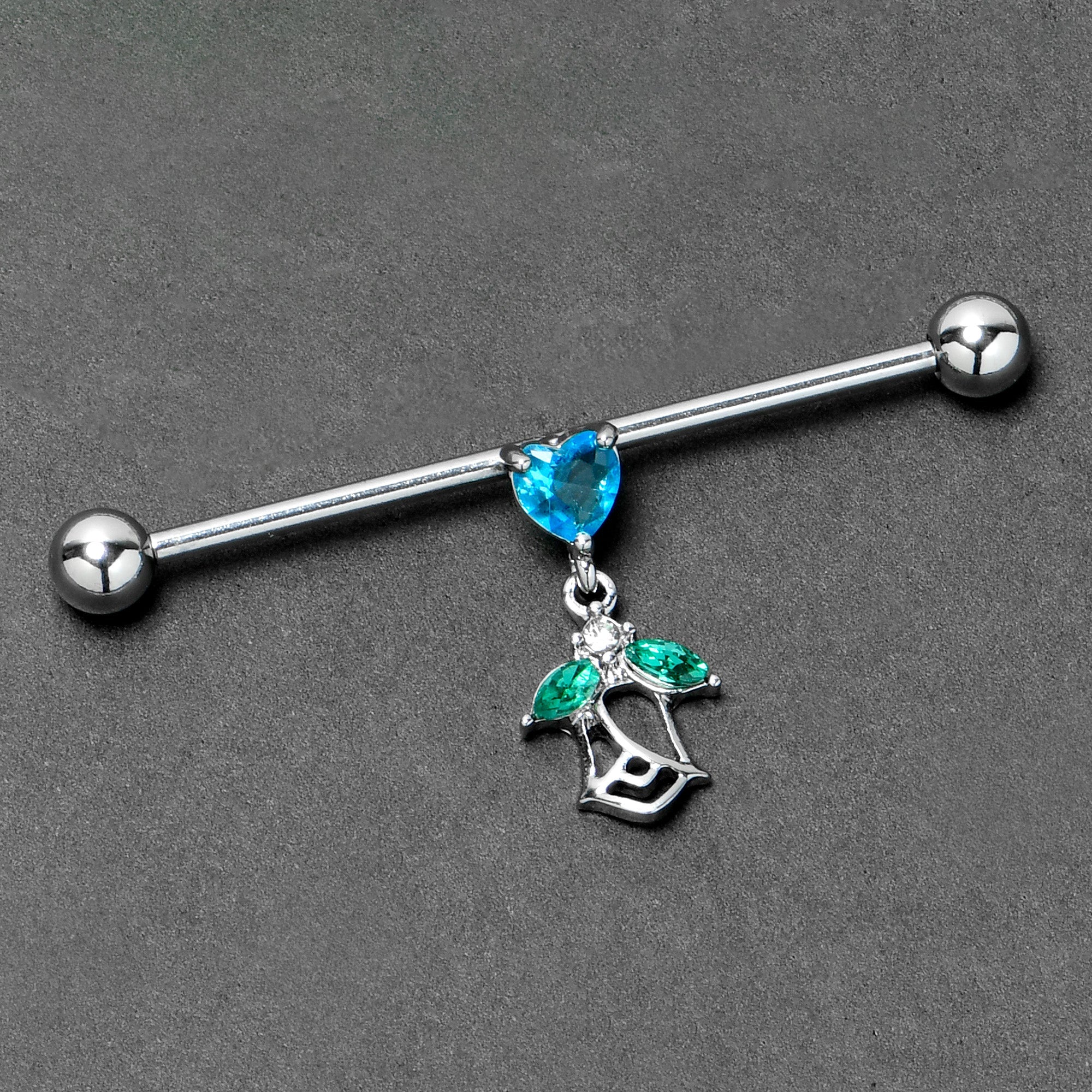 BodyCandy 14G Blue CZ Gem Heart And Rose Dangle Industrial Barbell 38mm — back view
