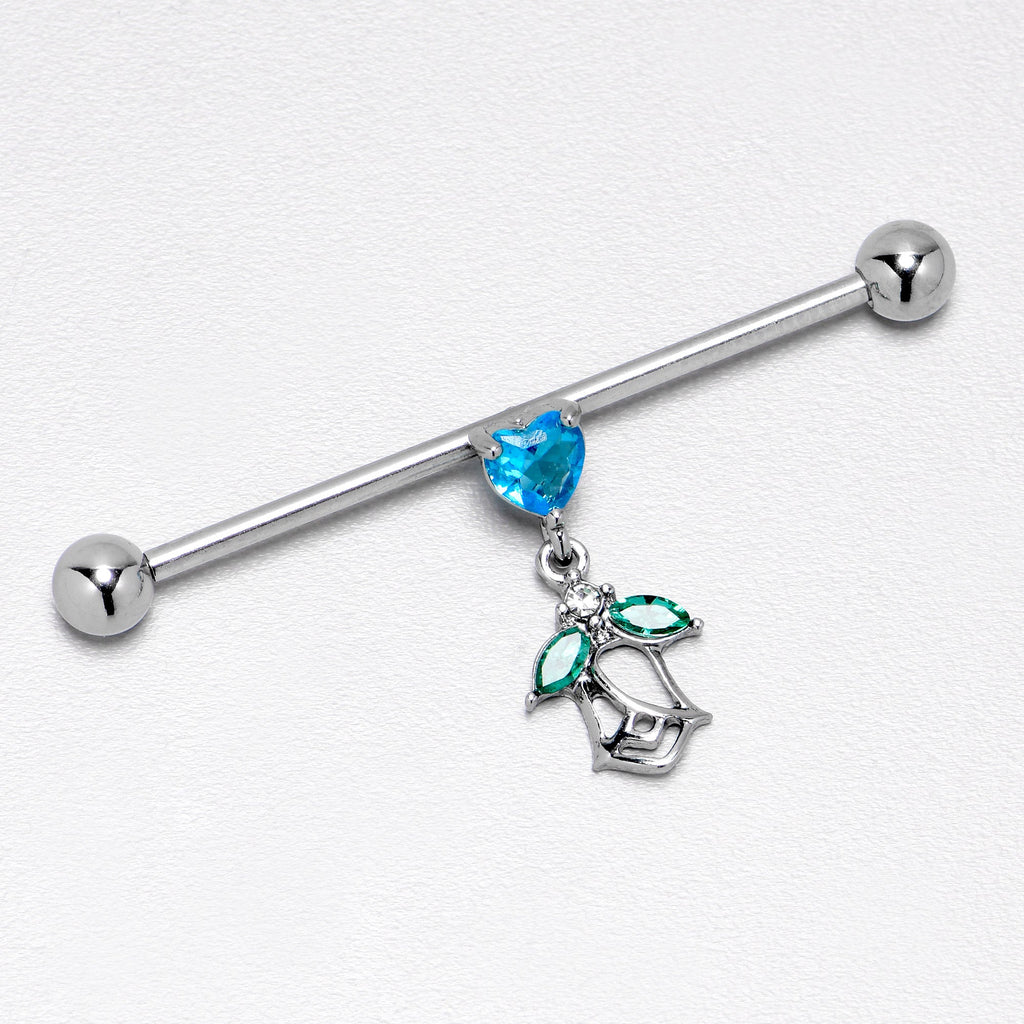 BodyCandy 14G Blue CZ Gem Heart And Rose Dangle Industrial Barbell 38mm — alternative angle
