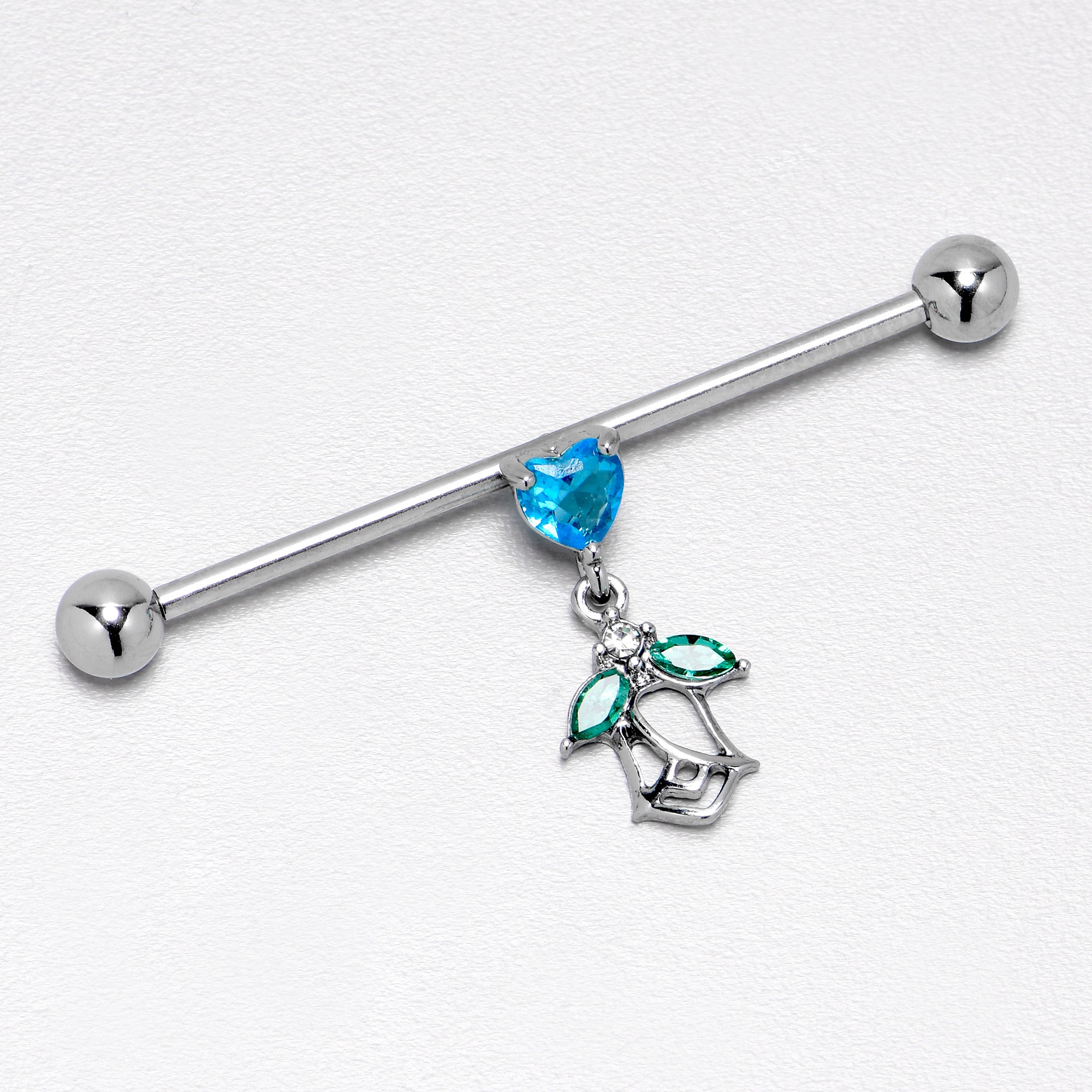 BodyCandy 14G Blue CZ Gem Heart And Rose Dangle Industrial Barbell 38mm — alternative angle