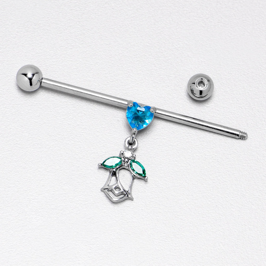 BodyCandy 14G Blue CZ Gem Heart And Rose Dangle Industrial Barbell 38mm — in-use photo