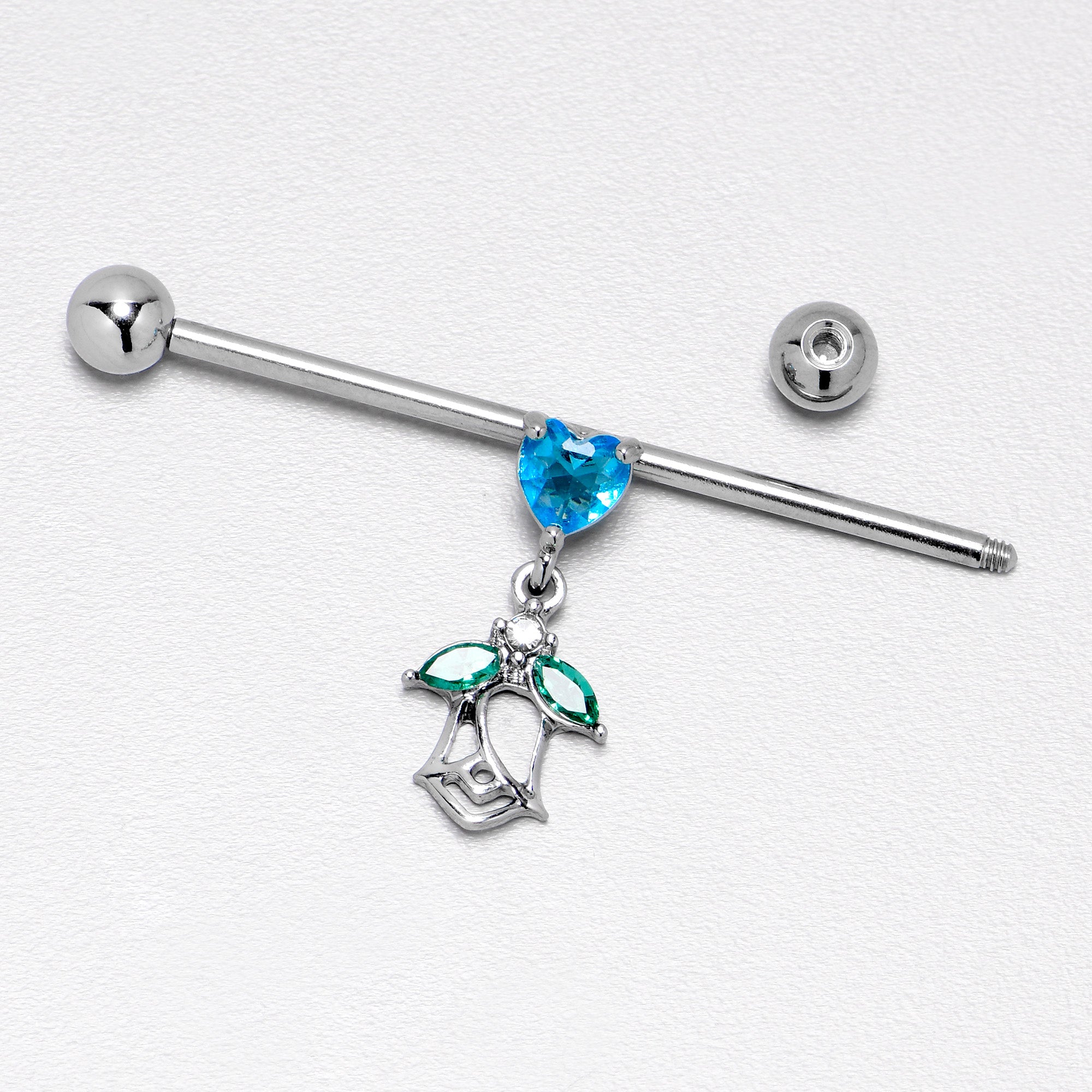BodyCandy 14G Blue CZ Gem Heart And Rose Dangle Industrial Barbell 38mm — in-use photo