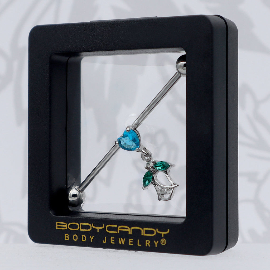 BodyCandy 14G Blue CZ Gem Heart And Rose Dangle Industrial Barbell 38mm — size reference