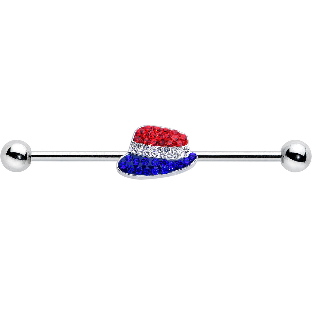 BodyCandy 14G Red Blue Clear Gem Patriotic Hat Industrial Barbell 38mm — detail close-up
