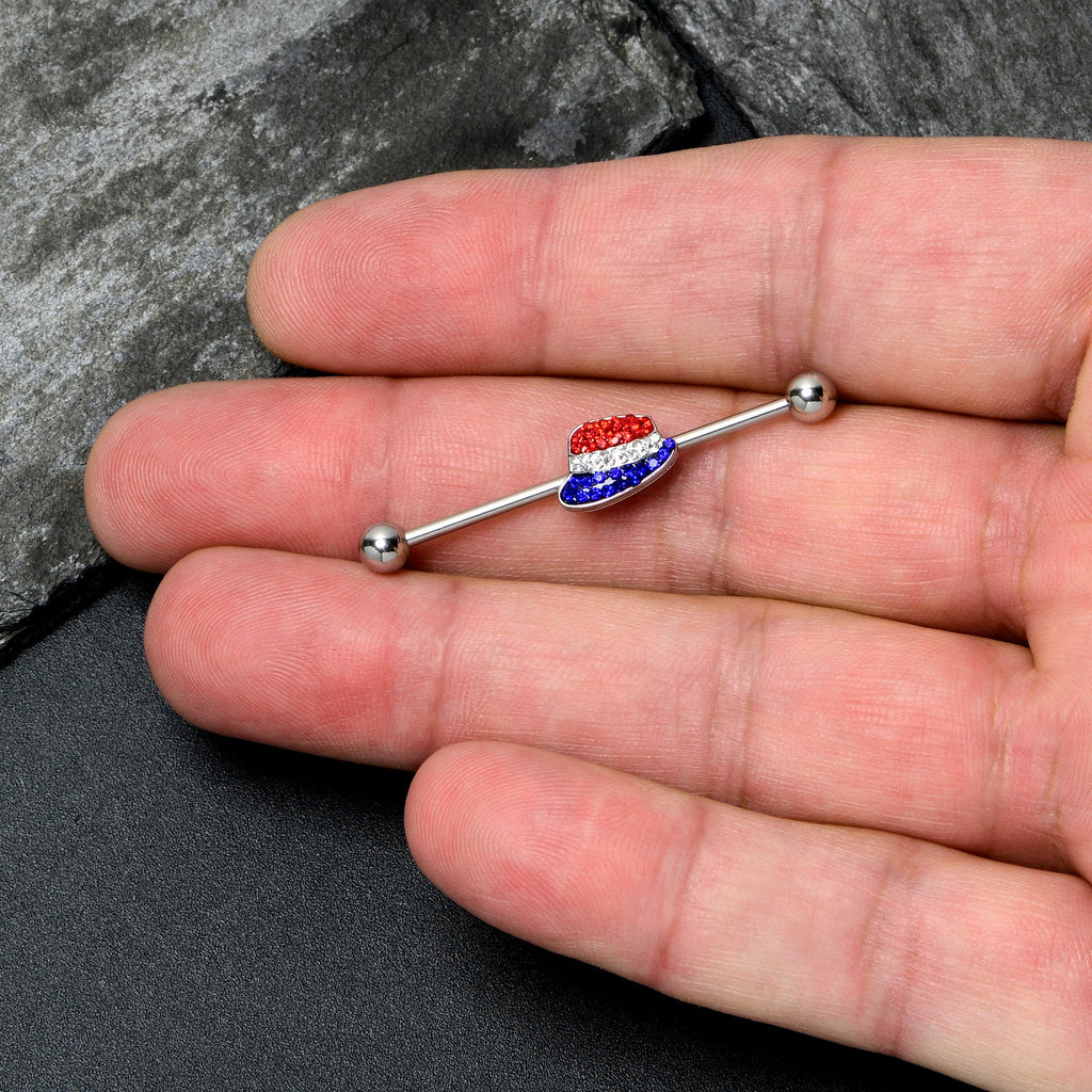 BodyCandy 14G Red Blue Clear Gem Patriotic Hat Industrial Barbell 38mm — lifestyle context