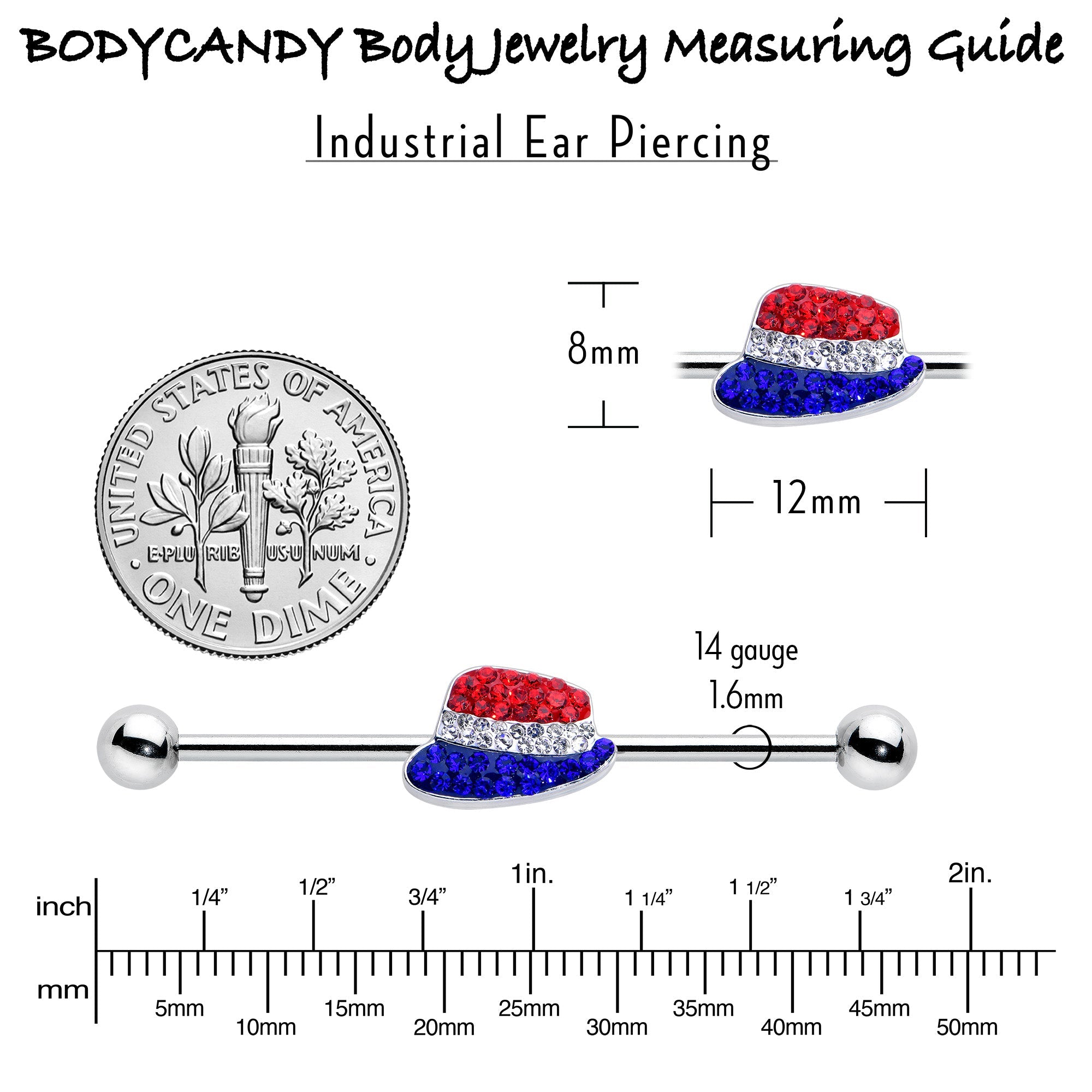 BodyCandy 14G Red Blue Clear Gem Patriotic Hat Industrial Barbell 38mm — side view