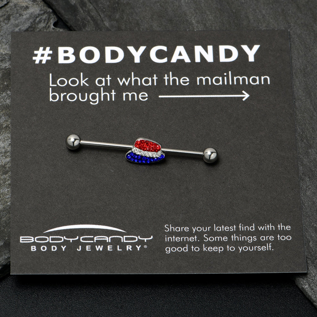 BodyCandy 14G Red Blue Clear Gem Patriotic Hat Industrial Barbell 38mm — back view