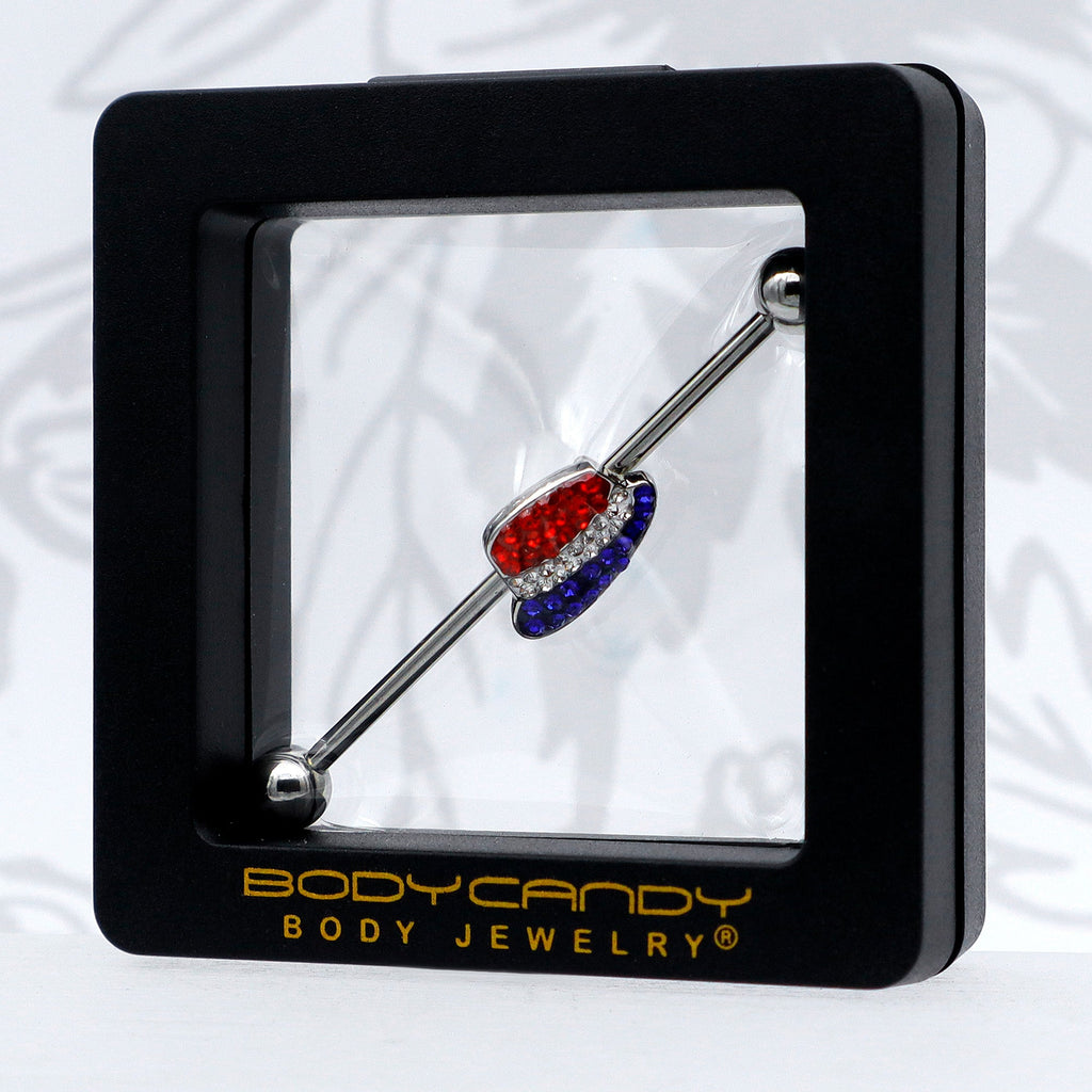 BodyCandy 14G Red Blue Clear Gem Patriotic Hat Industrial Barbell 38mm — in-use photo