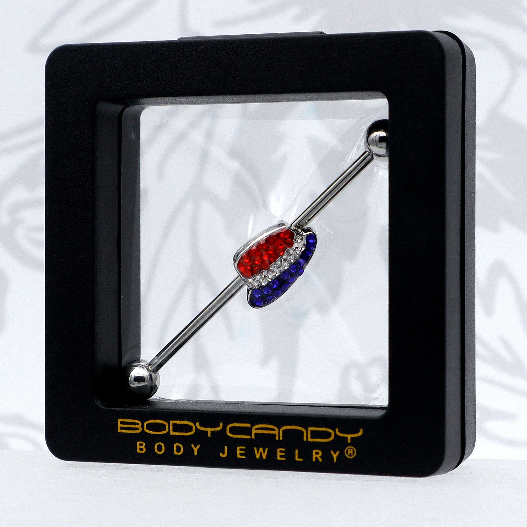 BodyCandy 14G Red Blue Clear Gem Patriotic Hat Industrial Barbell 38mm — in-use photo