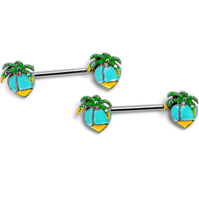 14G 9/16 Aurora Gem Beach Heart Palm Tree Barbell Nipple Ring Set