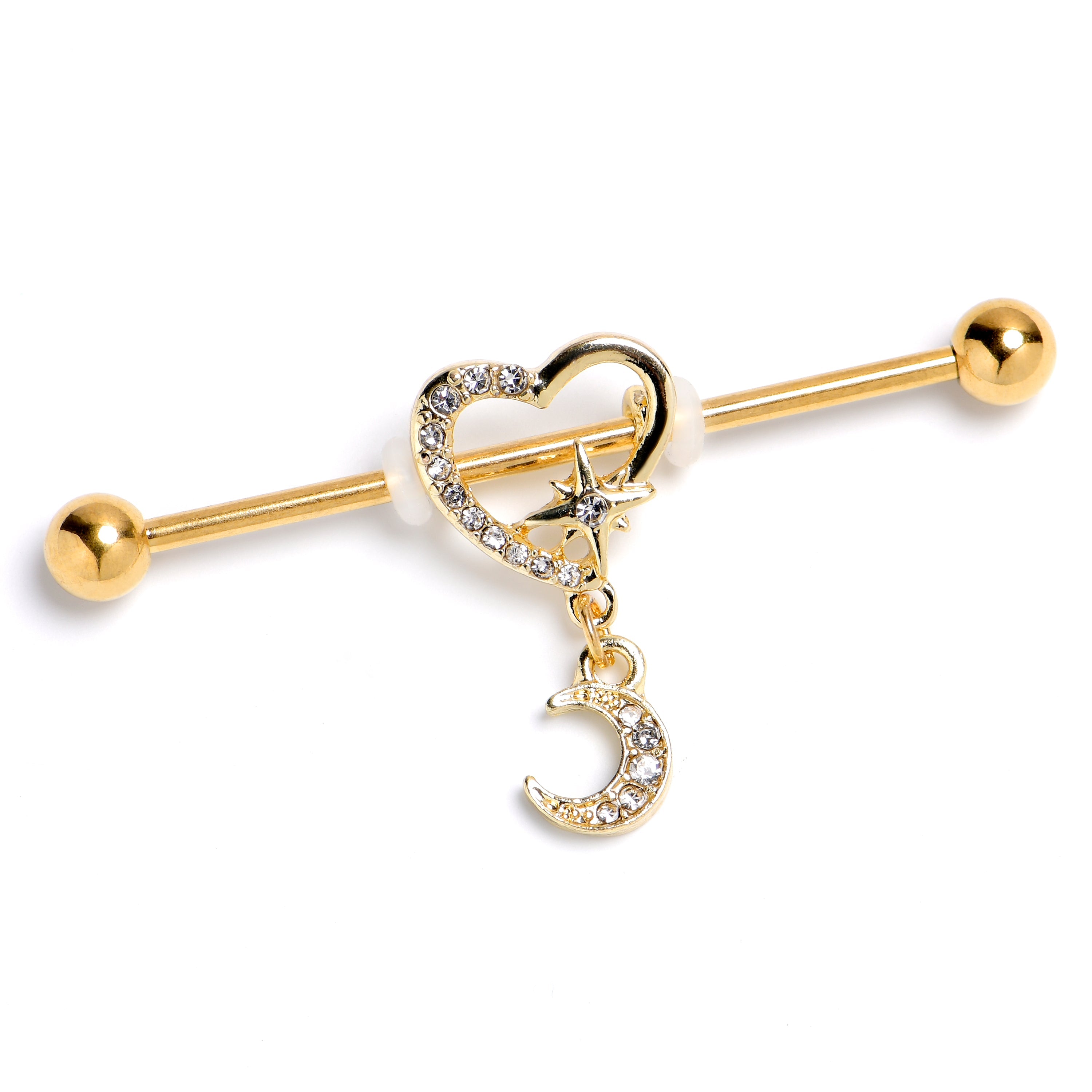 BodyCandy 14G Clear Gem Gold Tone Heart Moon Dangle Industrial Barbell 38mm — main product shot
