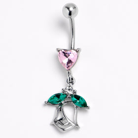 Pink Gem Heart And Rose Dangle Belly Ring