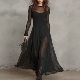 Women's Elegant Mesh-Spliced Maxi Dress — High Waist Slim Fit Patchwork
