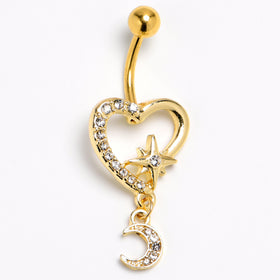 Clear Gem Gold Tone Heart Moon Dangle Belly Ring