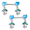 BodyCandy 14G 9/16 Blue Green Gem Hearts And Roses Dangle Nipple Ring Set — main product shot