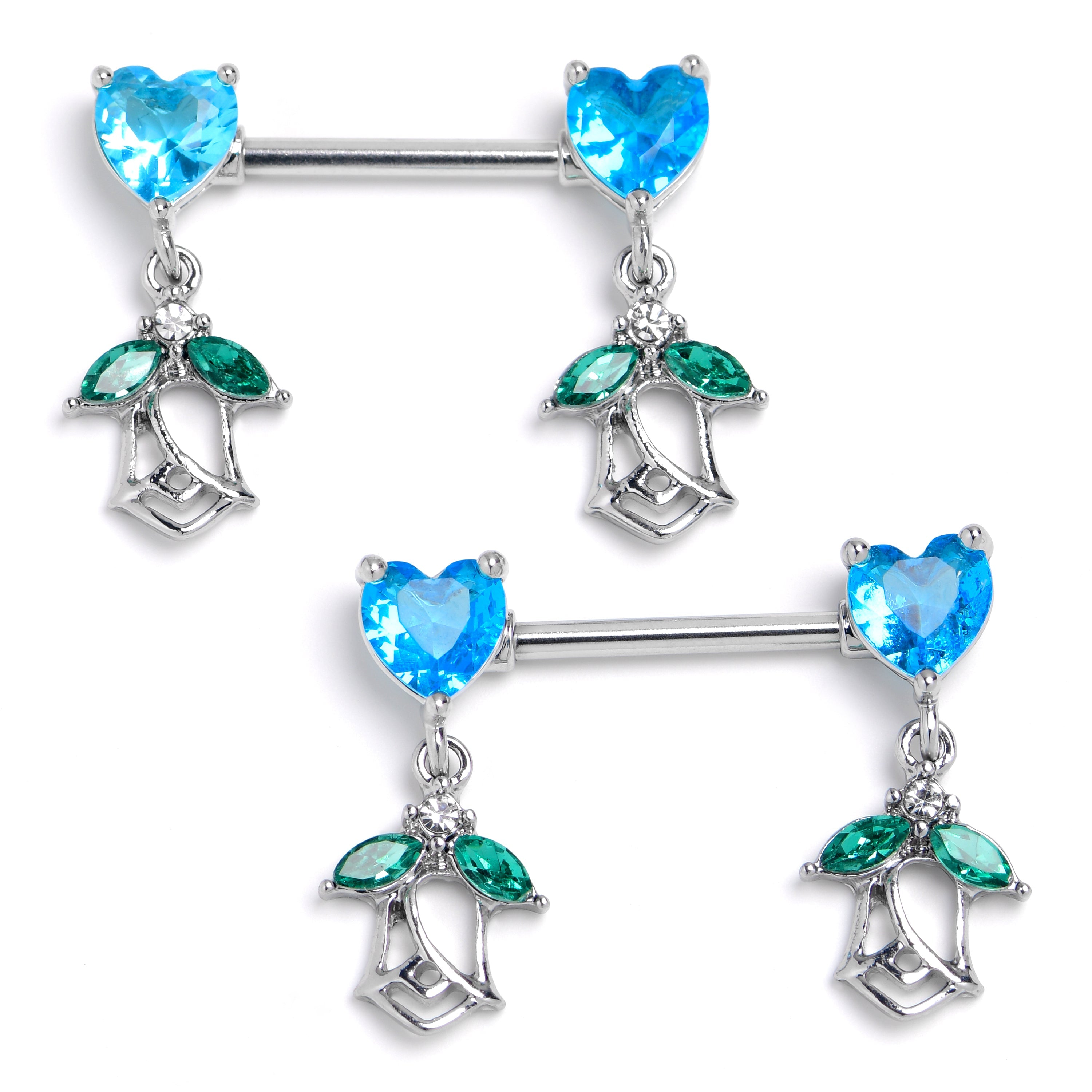 BodyCandy 14G 9/16 Blue Green Gem Hearts And Roses Dangle Nipple Ring Set — main product shot