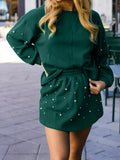 Pearl Embellished Drop Shoulder Pullover Elastic Waist Mini Skirt Set