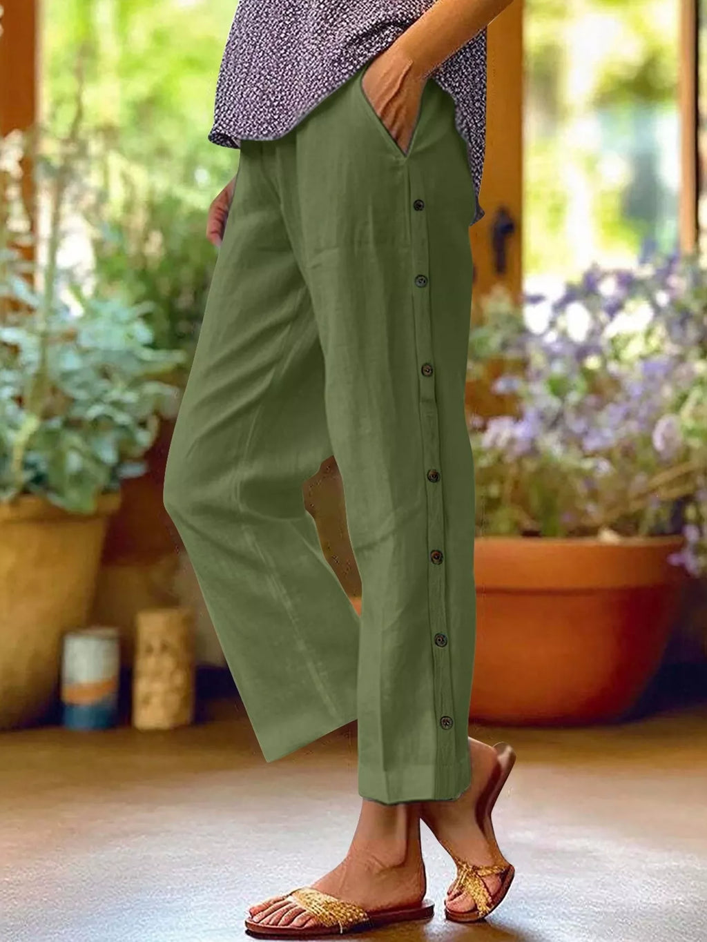Full Size Side Button Decor Pants Plus Size