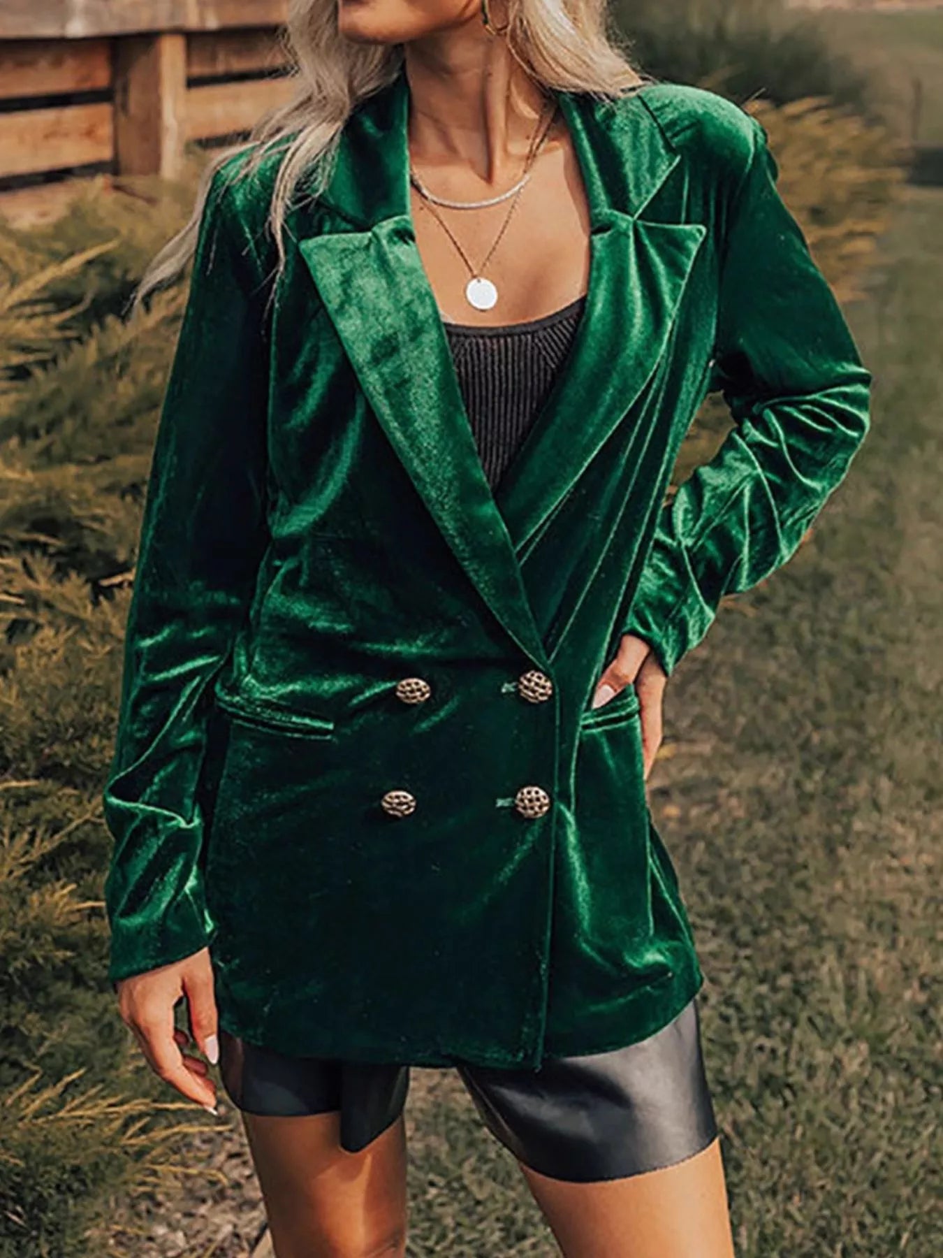 Velvet Lapel Collar Button Up Blazer