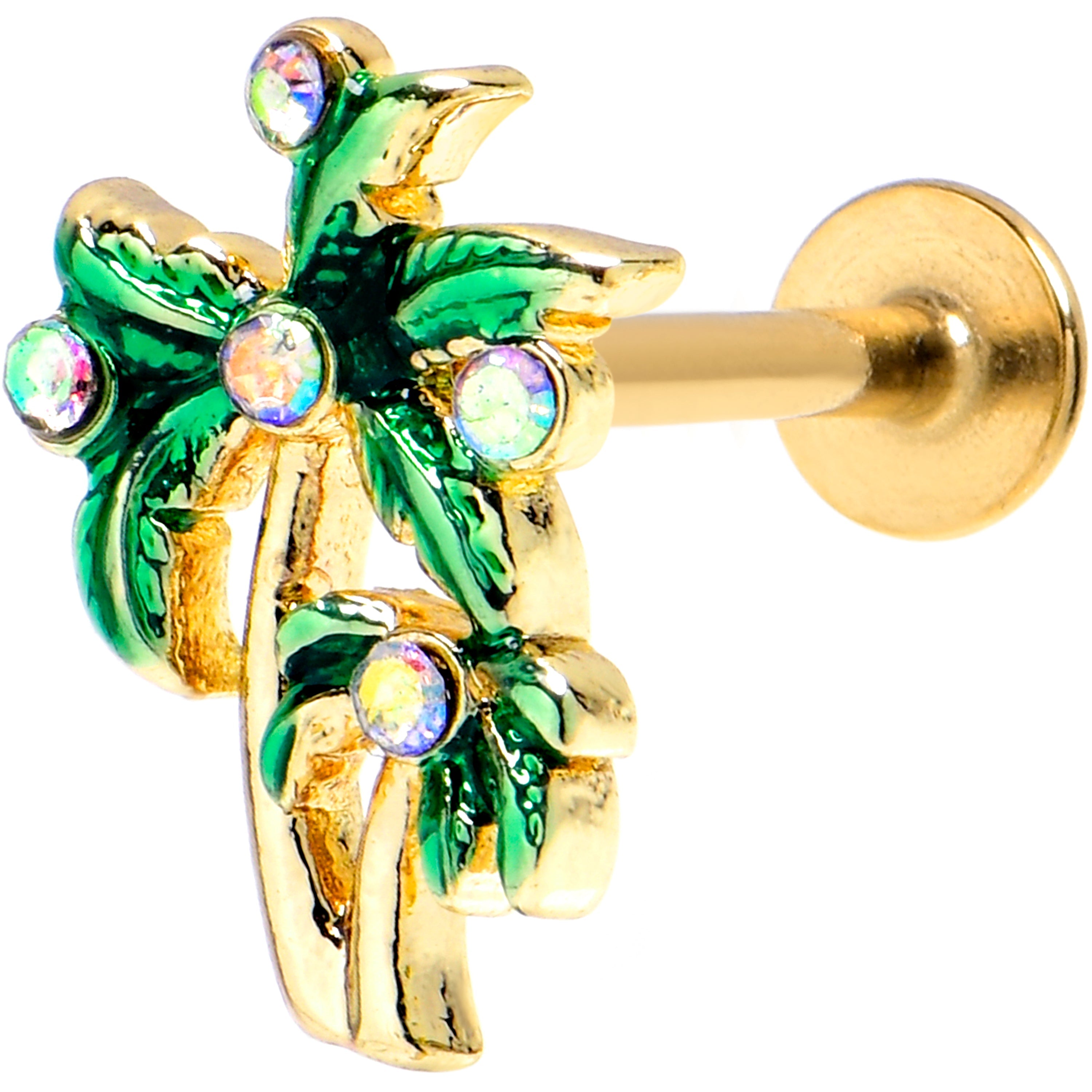BodyCandy 16G 5/16 Aurora Gem Gold Tone Palm Tree Glam Labret Monroe Tragus — main product shot