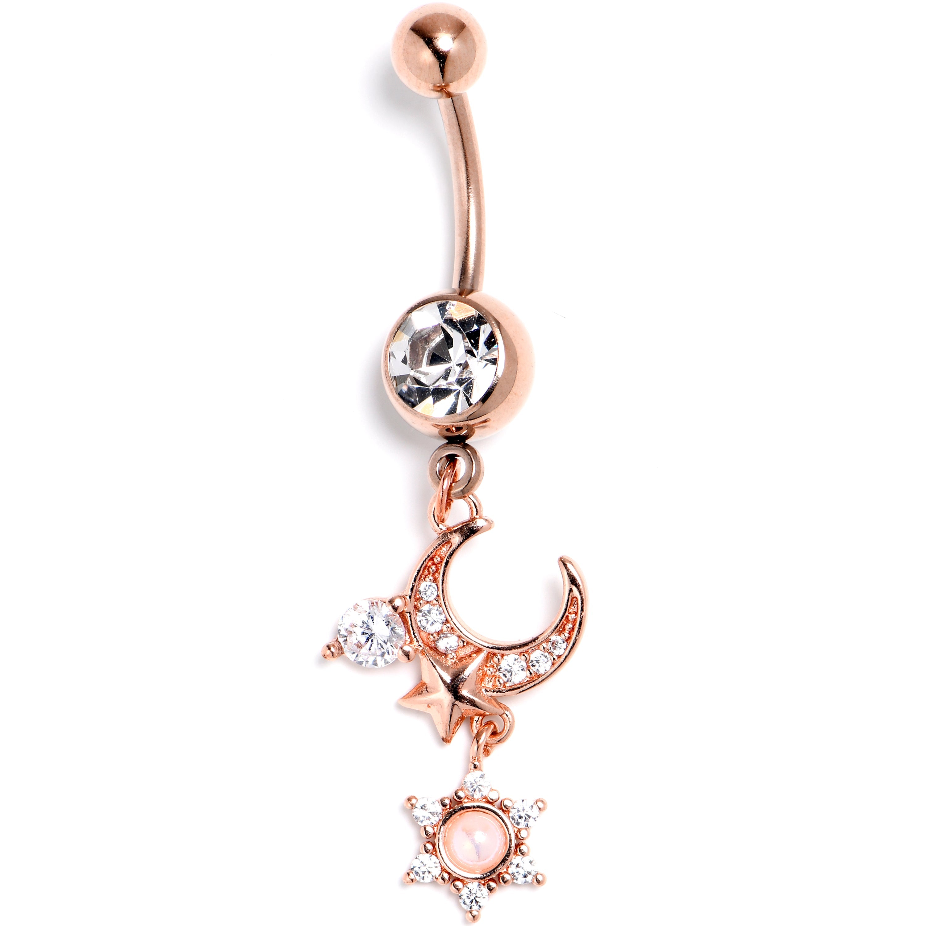 BodyCandy Clear CZ Gem Rose Gold Tone Moon Star Dangle Belly Ring — main product shot