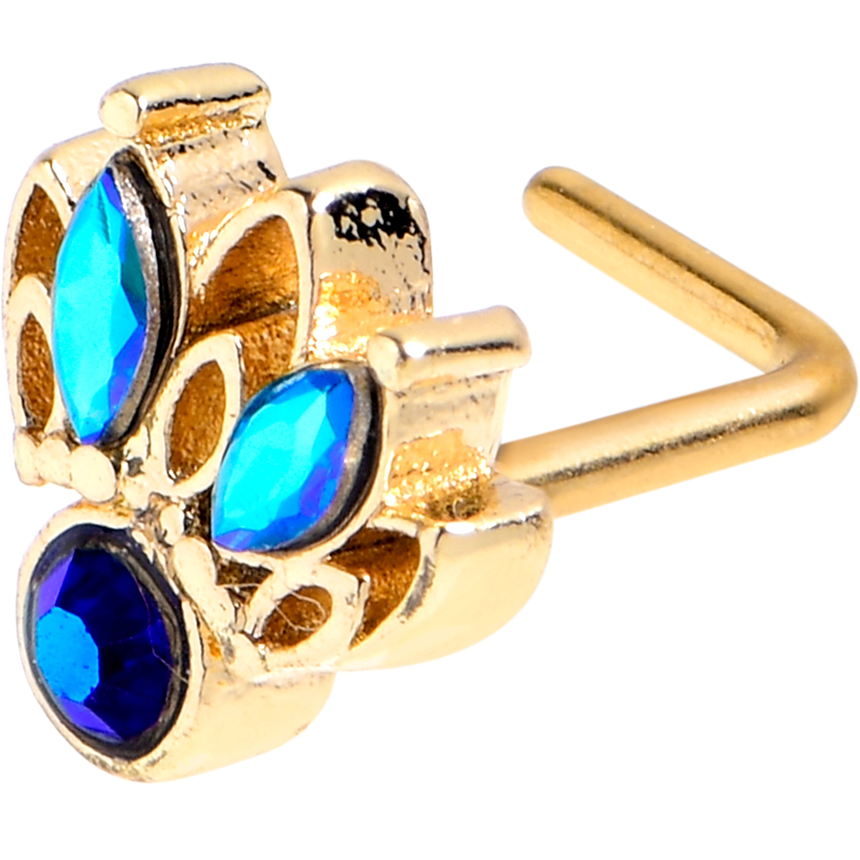 BodyCandy 20G 7mm Blue Gem Gold Tone Filigree Tiara L Shape Nose Ring — main product shot