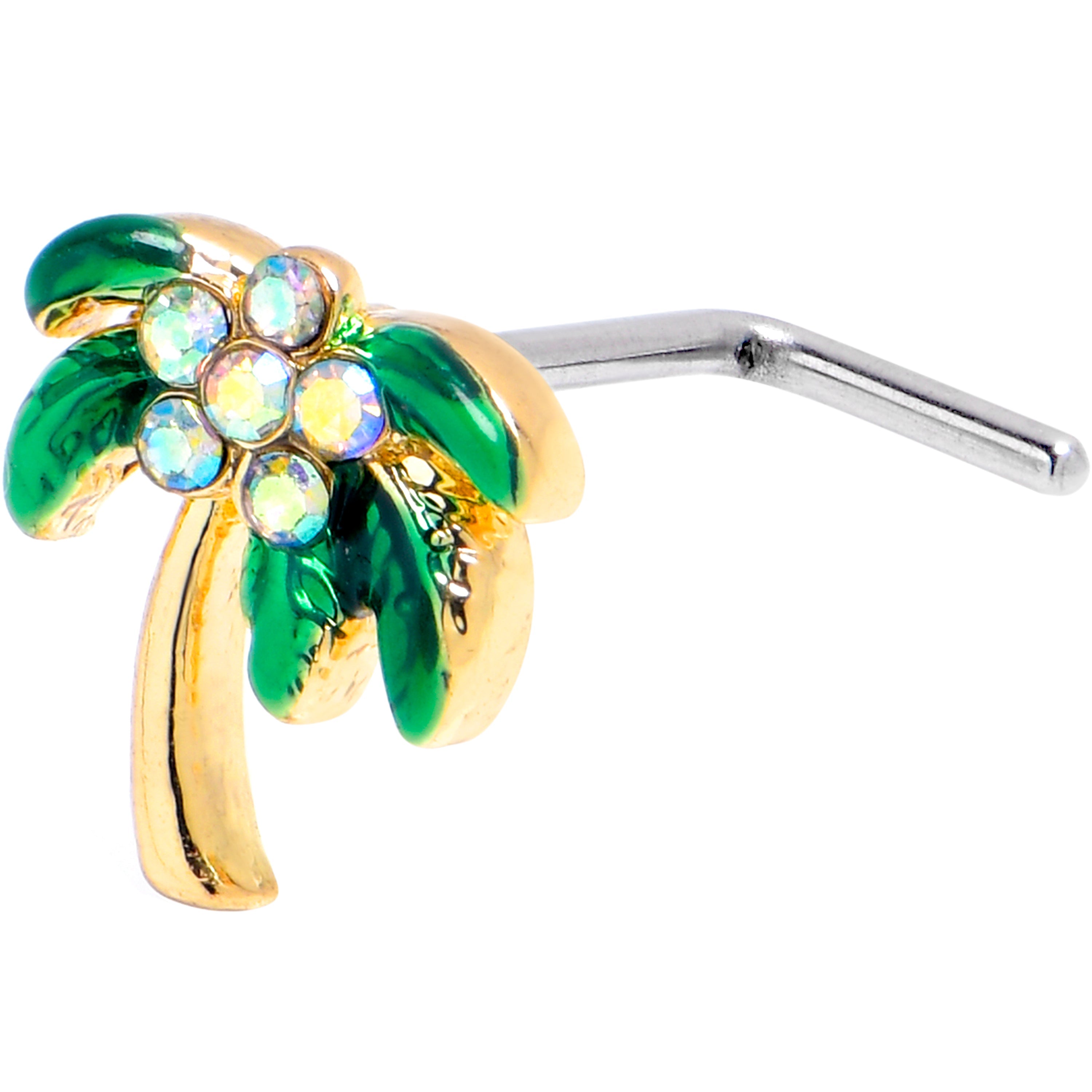 BodyCandy 20G 7mm Aurora Gem Palm Tree Glam Golden L Shape Nose Ring — main product shot