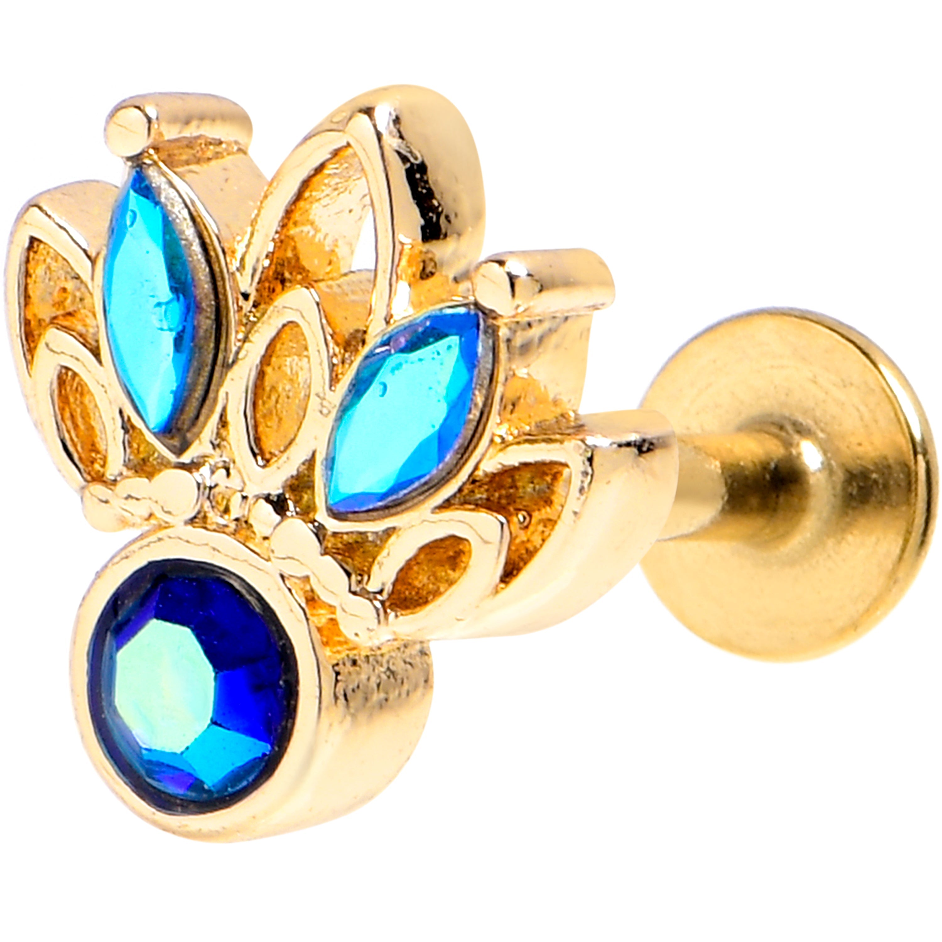 BodyCandy 16G 1/4 Blue Gem Gold Tone Filigree Tiara Labret — main product shot