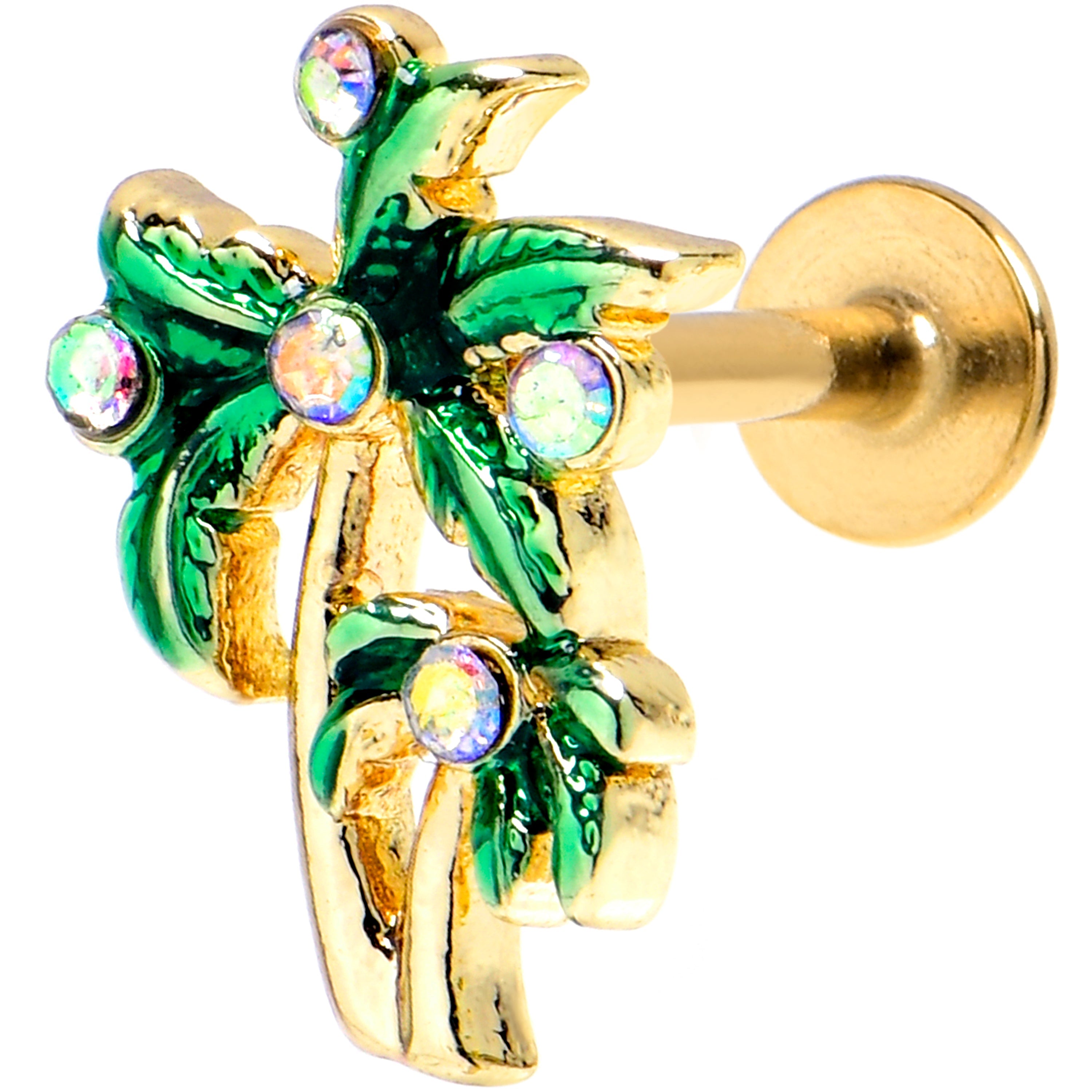 BodyCandy 16G 1/4 Aurora Gem Gold Tone Palm Tree Glam Labret — main product shot