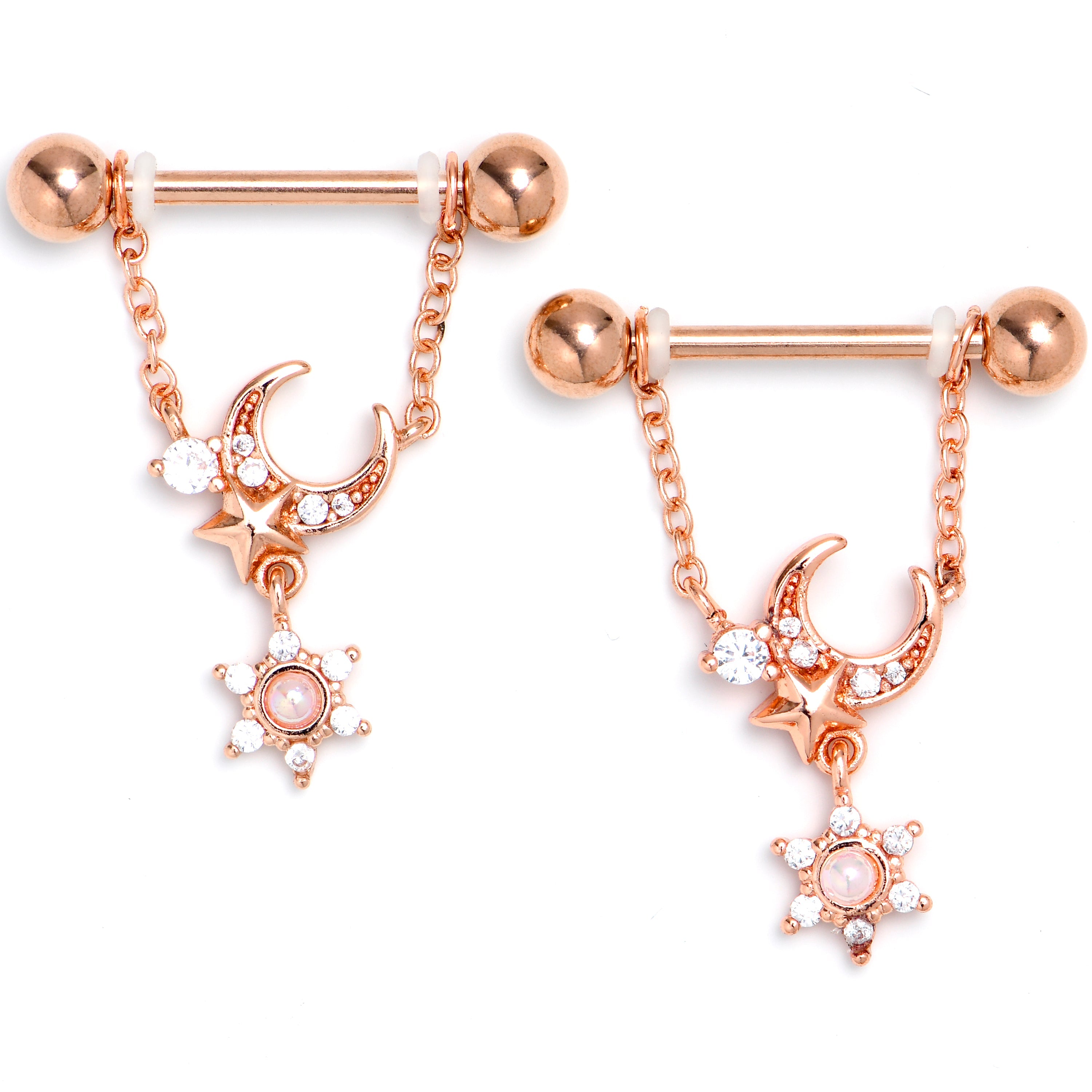 BodyCandy 14G 9/16 Clear CZ Gem Rose Gold Hue Moon Star Dangle Nipple Ring Set — main product shot