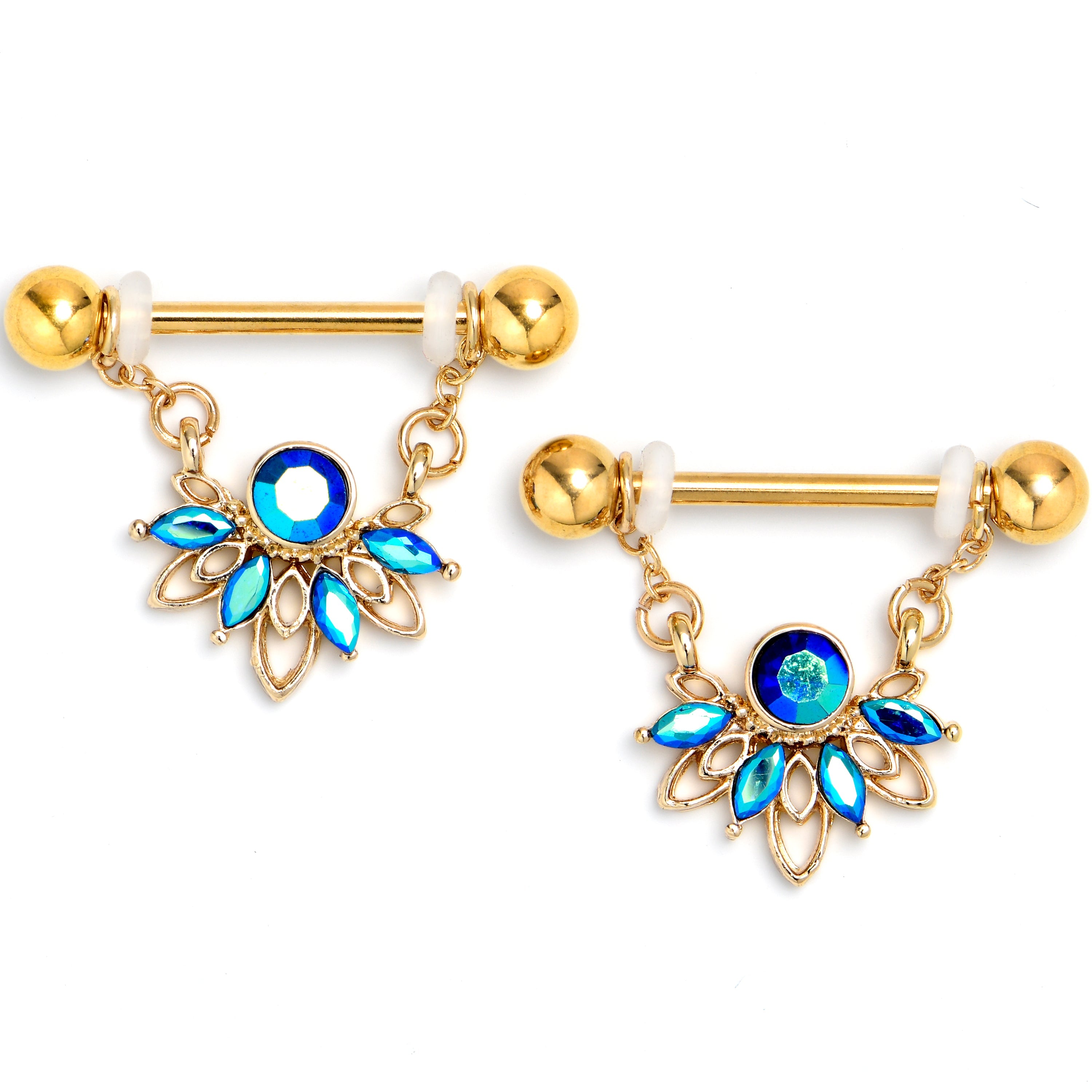 BodyCandy 14G 9/16 Blue Gem Gold Tone Filigree Tiara Dangle Nipple Ring Set — main product shot