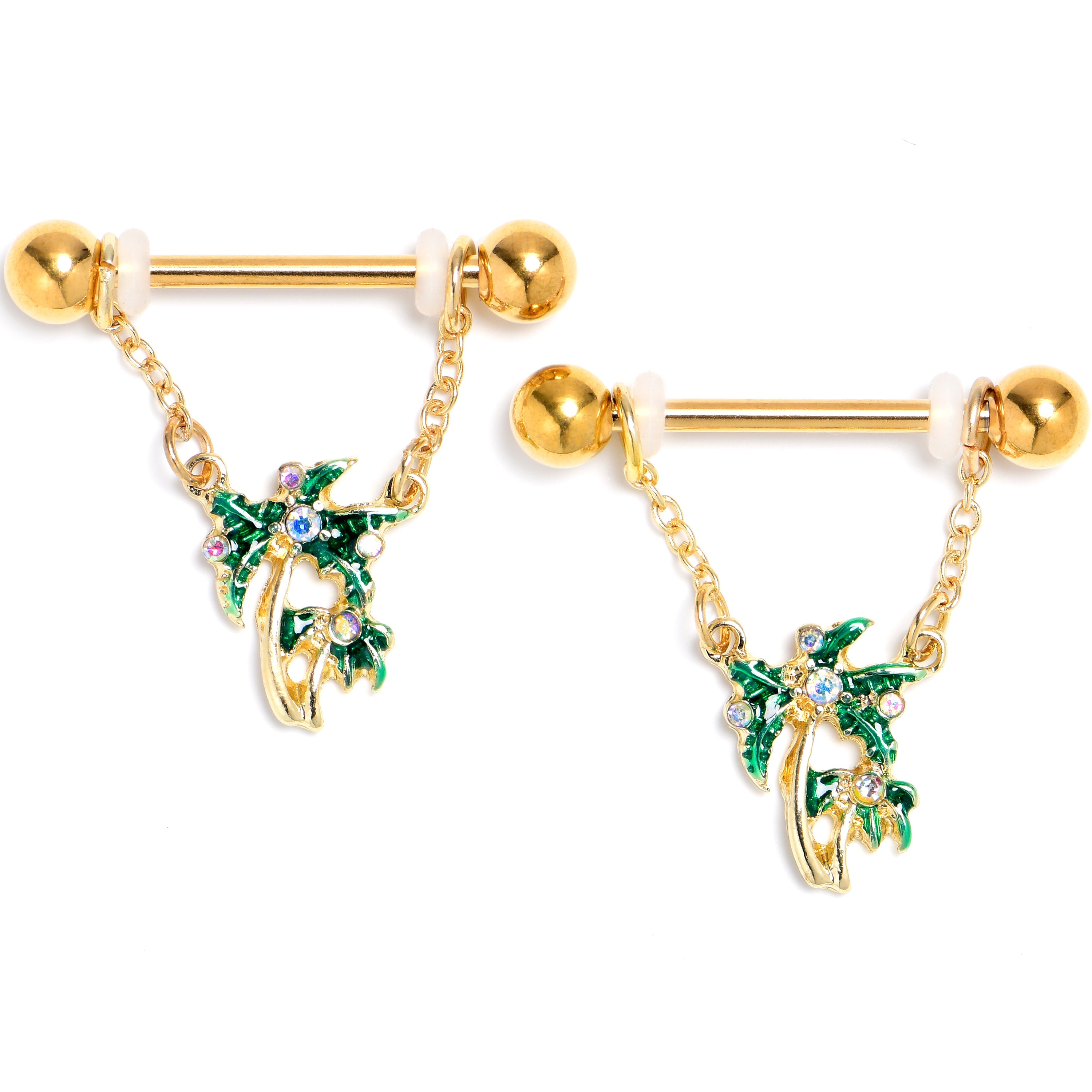 BodyCandy 14G 9/16 Aurora Gem Gold Tone Palm Tree Glam Dangle Nipple Ring Set — main product shot
