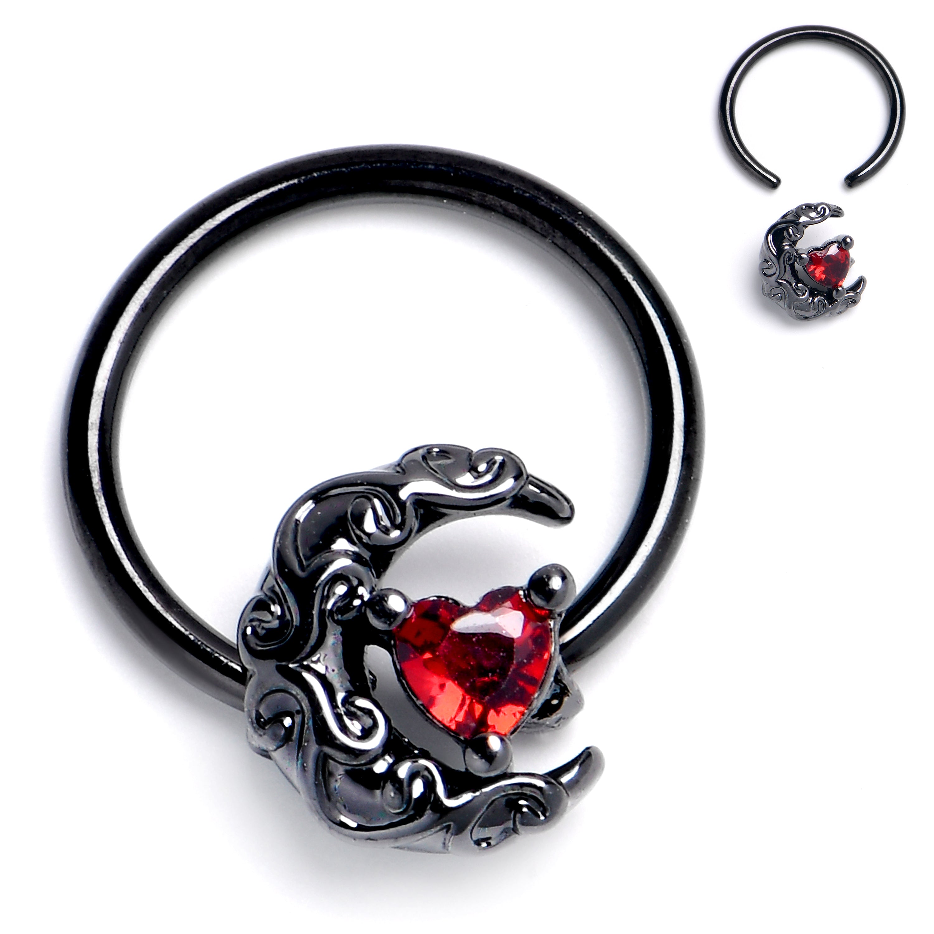 BodyCandy 16G 3/8 Red Gem Black Scroll Moon Heart BCR Captive Ring — main product shot