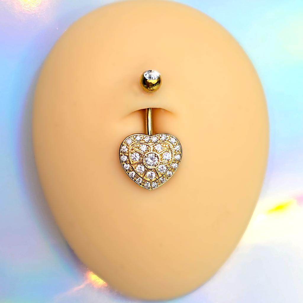 BodyCandy Clear Gem Gold Tone Ultra Luxe Heart Belly Ring — detail close-up