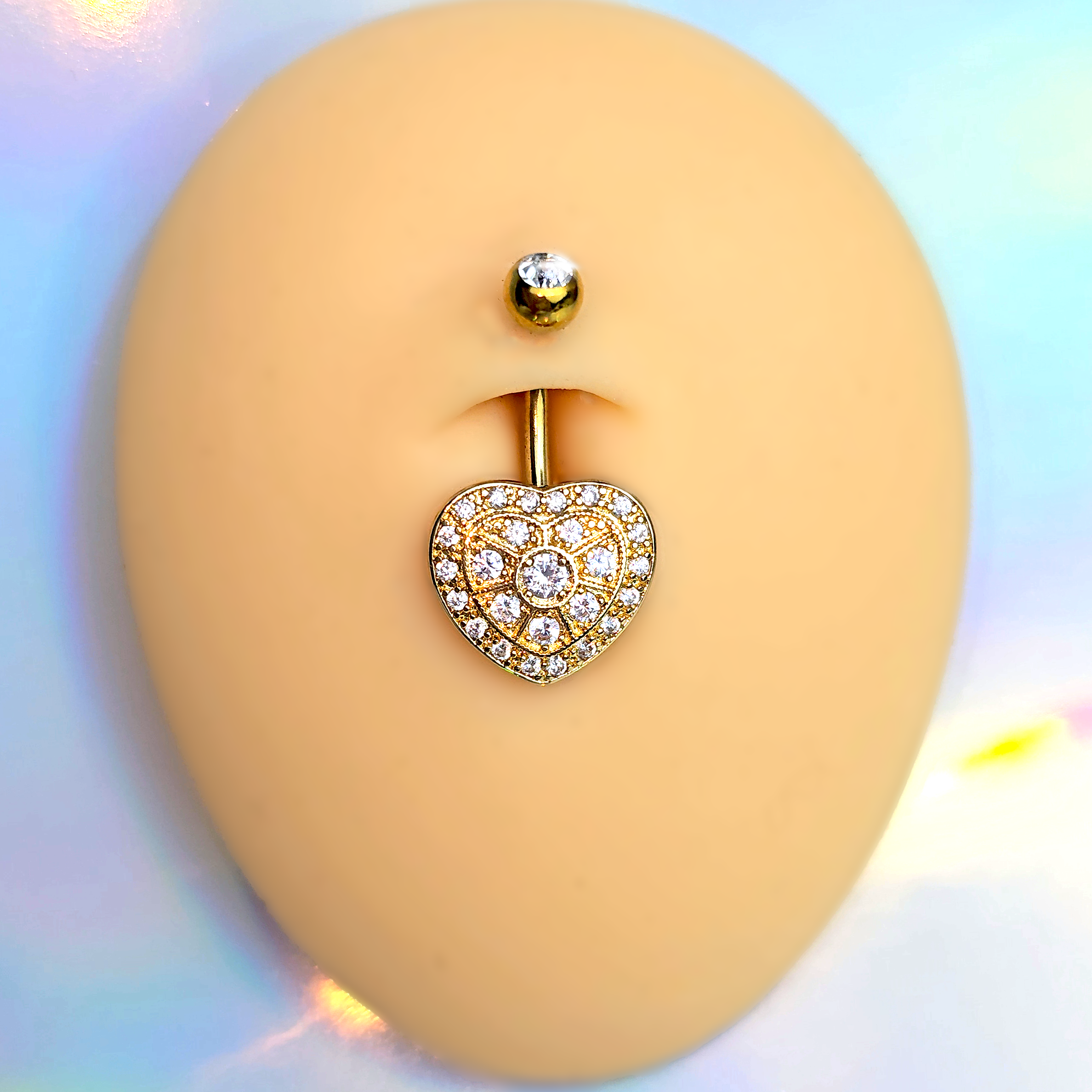 BodyCandy Clear Gem Gold Tone Ultra Luxe Heart Belly Ring — detail close-up