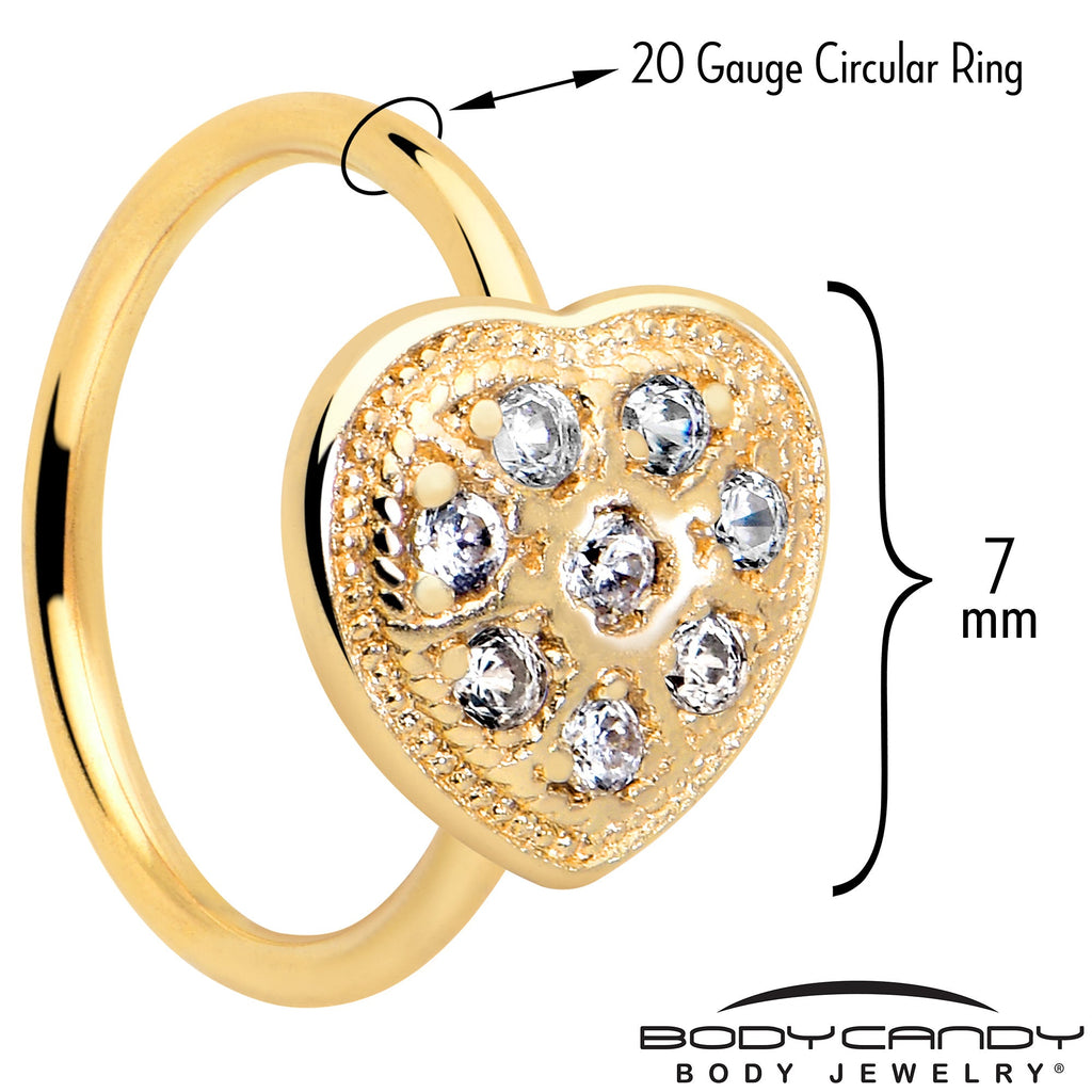BodyCandy 20G 5/16 Clear Gem Gold Tone Ultra Luxe Heart Nose Hoop — detail close-up