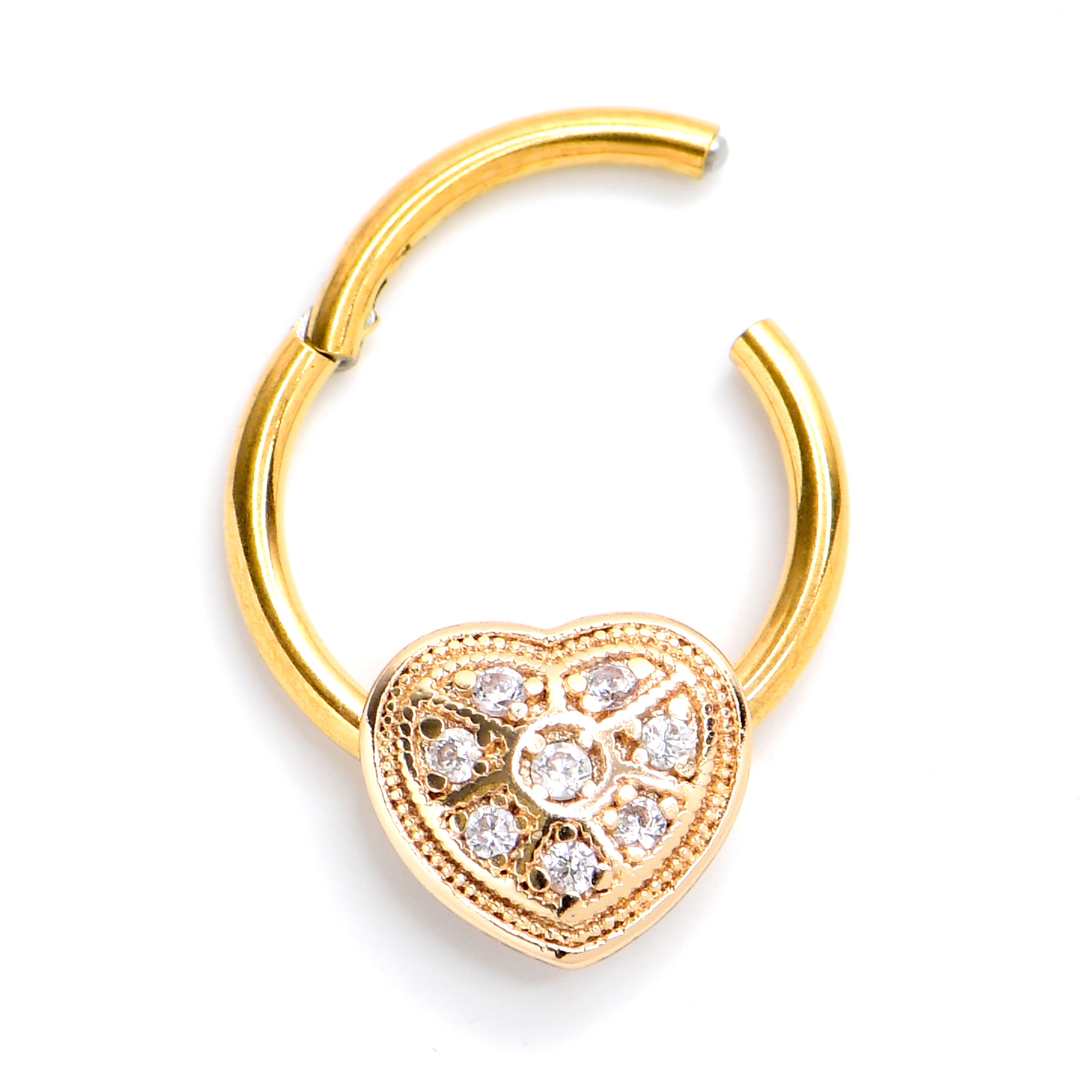 BodyCandy 16G 3/8 Clear Gem Gold Tone Ultra Luxe Heart Hinged Segment Ring — main product shot