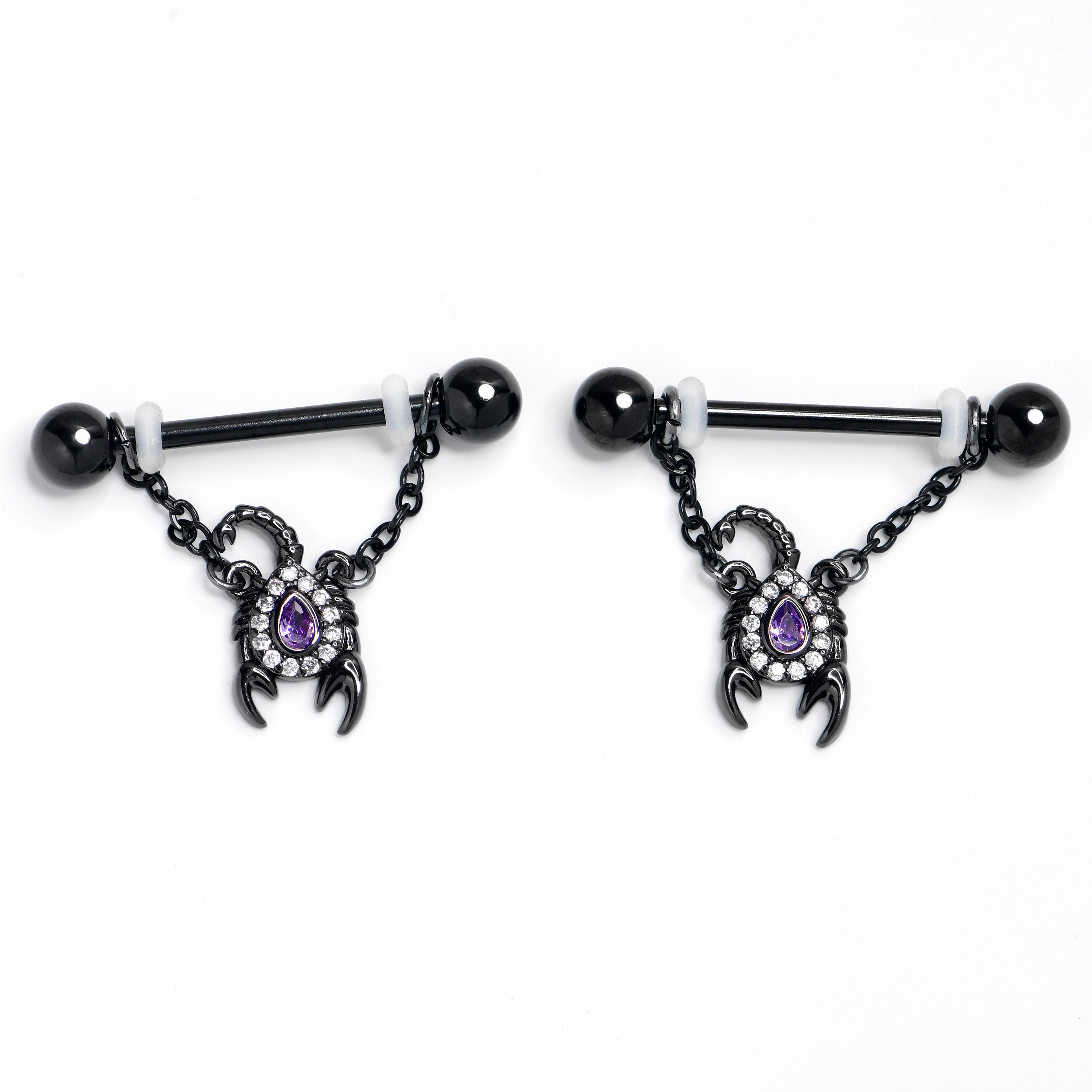 BodyCandy 14G 9/16 Purple Gem Black Goth Scorpion Dangle Nipple Ring Set — main product shot