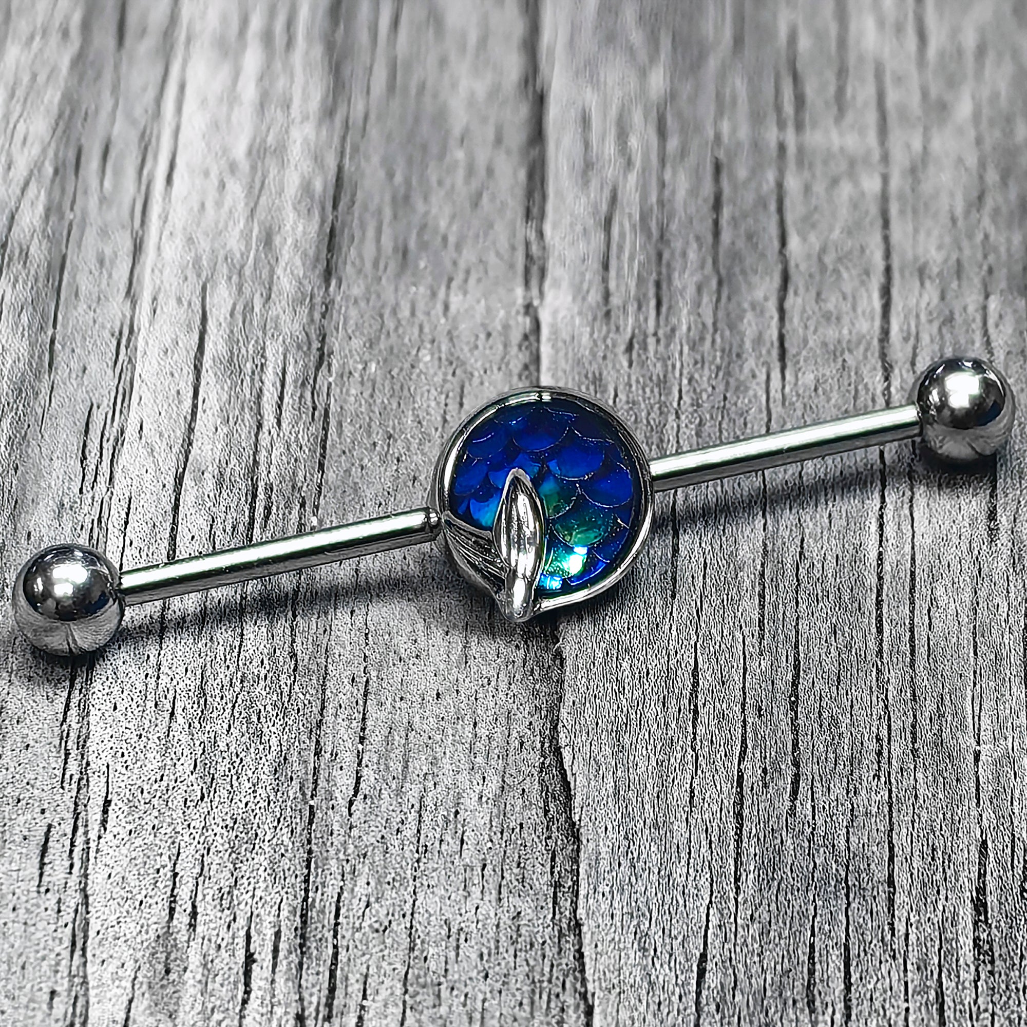 BodyCandy 14G Mermaid Dark Blue Scale Tail Industrial Barbell 38mm — main product shot